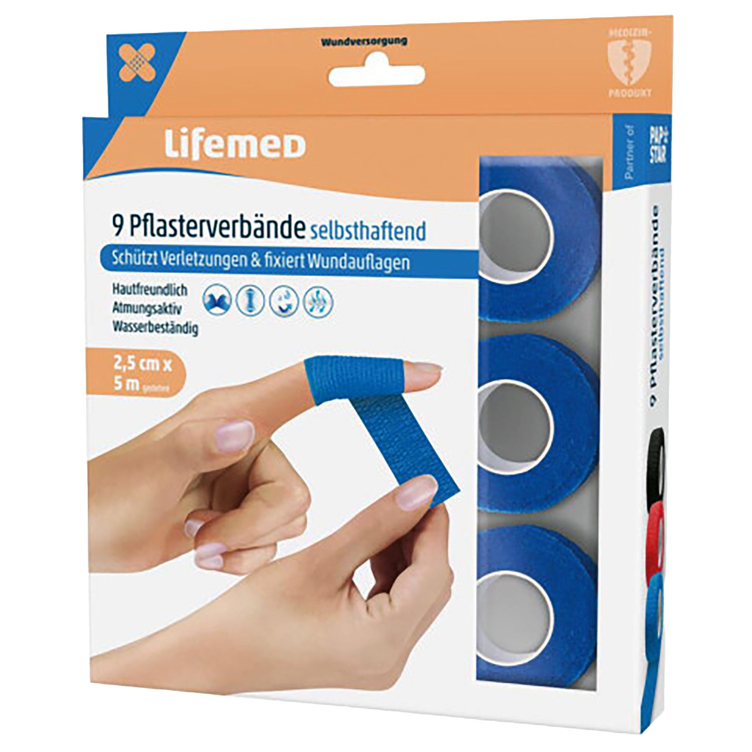 LifeMed Fixierpflaster 9x PFLASTERVERBAND Set 2,5cmx5m Blau selbsthaftend elastisch 95 Wundverband Fingerpflaster Haftbandage Fixierbandage Pflaster