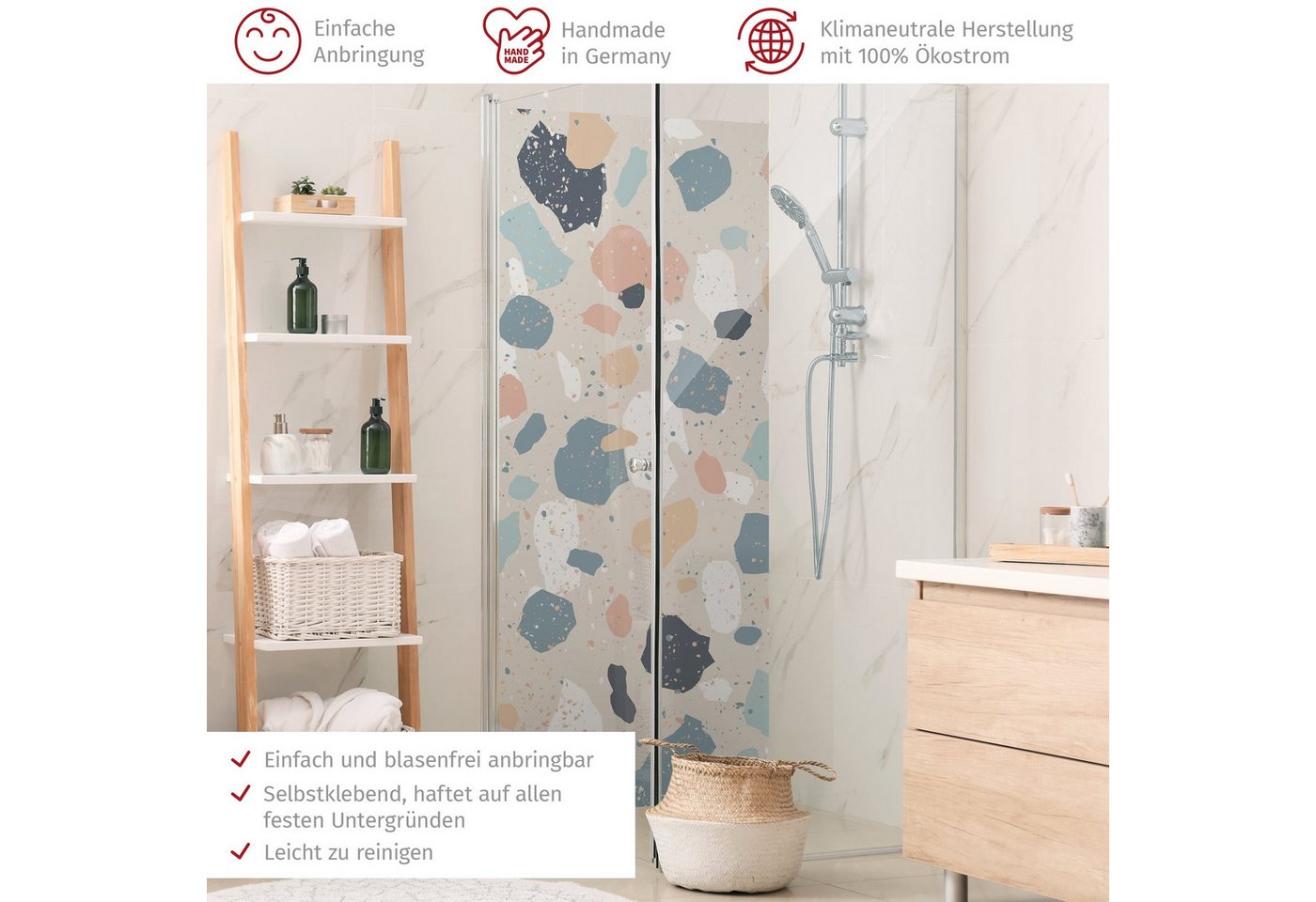 Thumbnail - Bilderdepot24 Badrückwand Terrazzo pastell Duschrückwand ohne Bohren Dusche Muster, (1-tlg., Hart-Folie Premium matt 0,6...