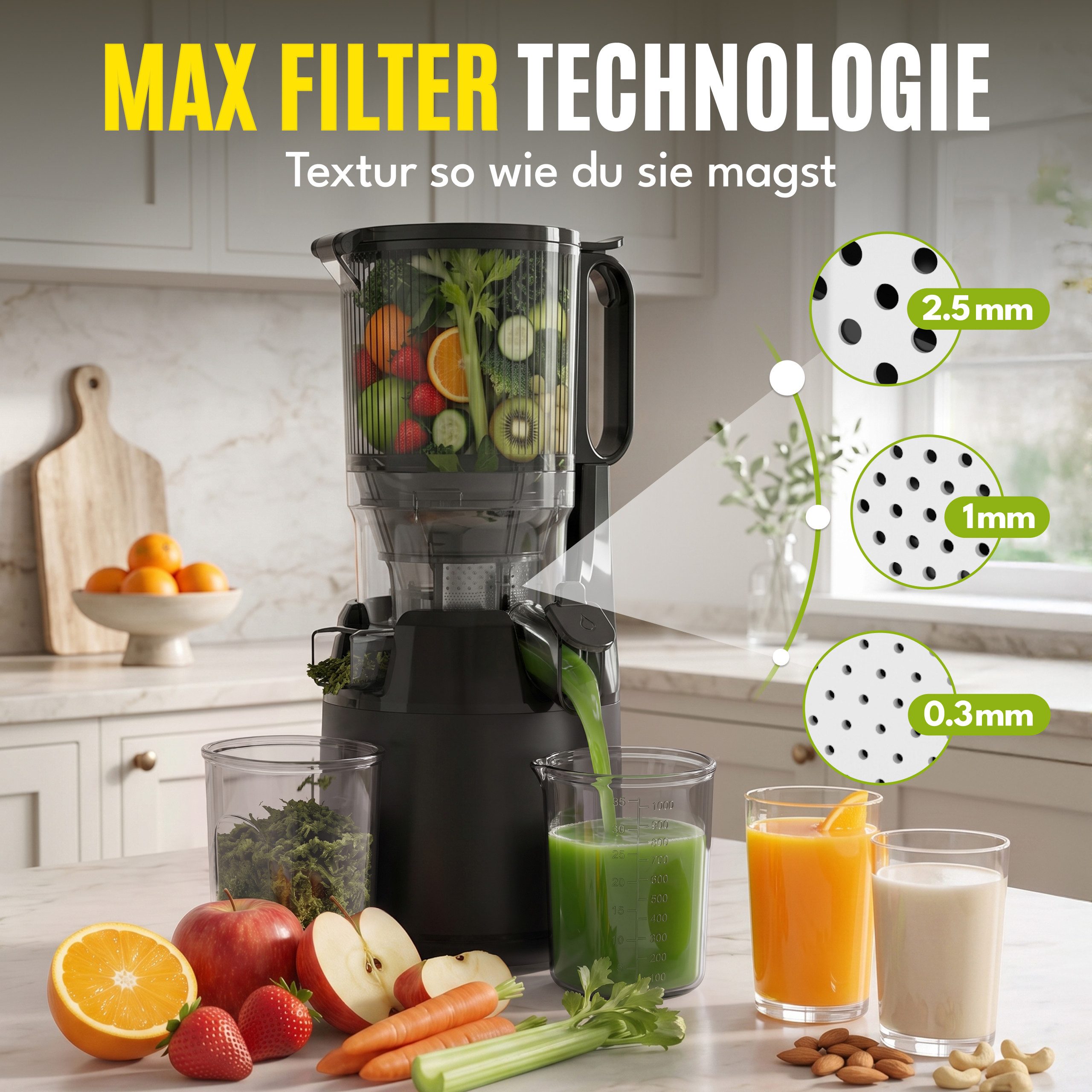 Lebenlang Slow Juicer Entsafter mit 130-mm-Einfüllöffnung, für ganze Früchte & Gemüse, 250 W, Kaltpress-Technologie, BPA-frei, spülmaschinengeeignet – Bild 4 von 5