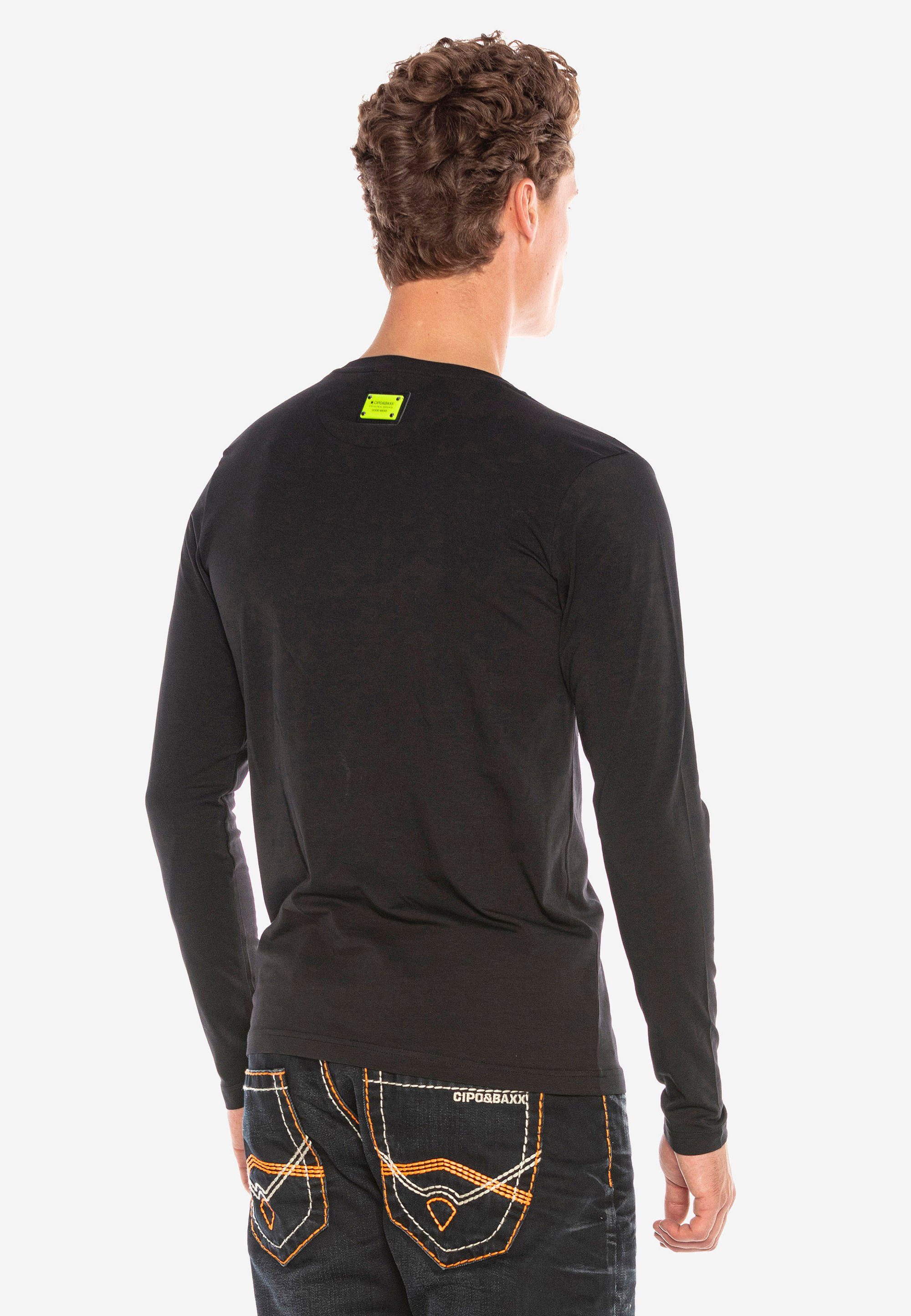 Cipo & mit schwarz Strass-Applikationen stylischen Langarmshirt Baxx