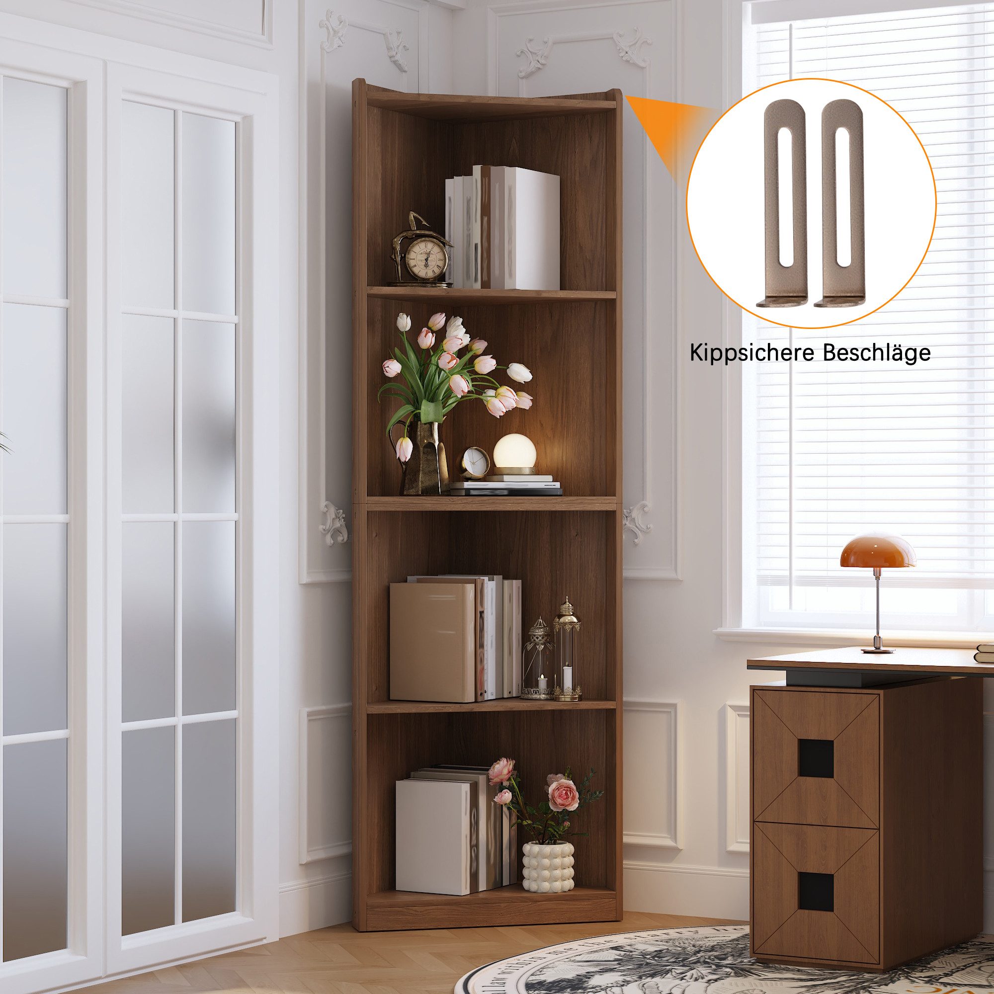 HAUSS SPOLE Eckregal Raumwunder platzsparend,Vitrine Standregal Wohnzimmerschrank Küche, Eck-Hochschrank aus MDF in Walnussoptik 1-tlg., Hoher Stauraum auf kleiner Stellfläche