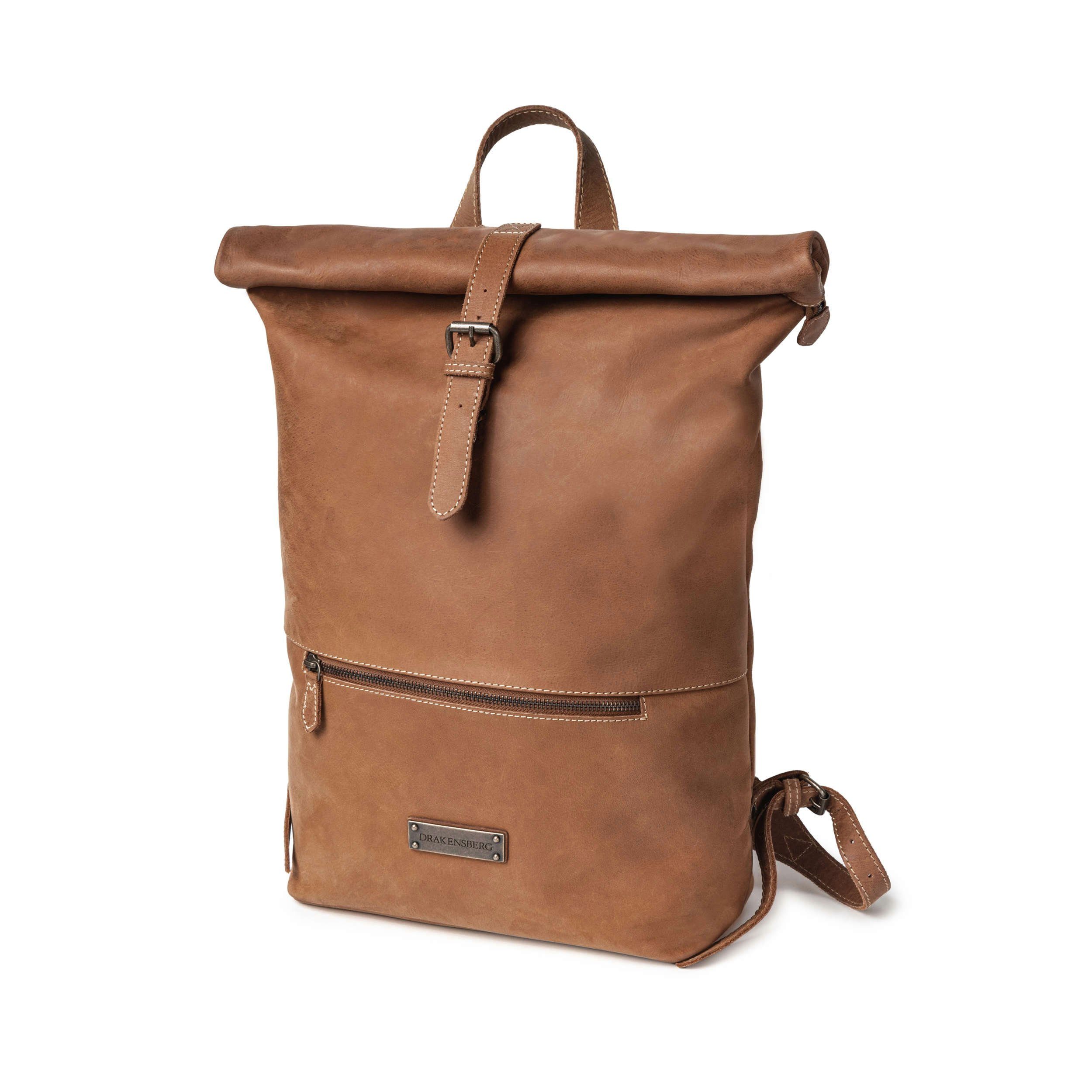 DRAKENSBERG Rucksack Roll-Top »Ryan« Havanna-Braun, Herren, Damen, eleganter Fahrradrucksack aus Leder mit Laptopfach