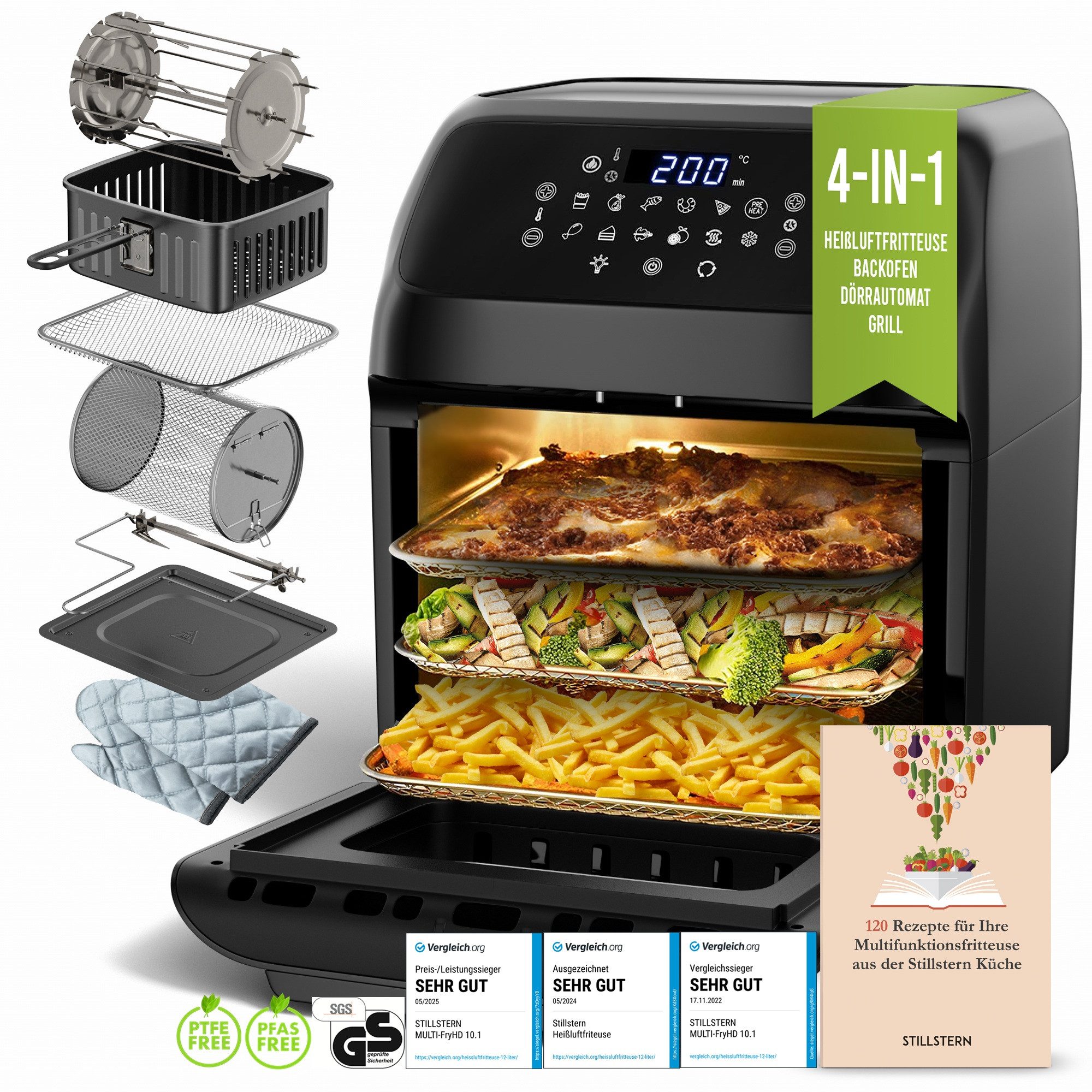 Stillstern Heißluftfritteuse, 1800 W, 12L mit 12 Kochprogramme, Vorheizen & Warmhalten