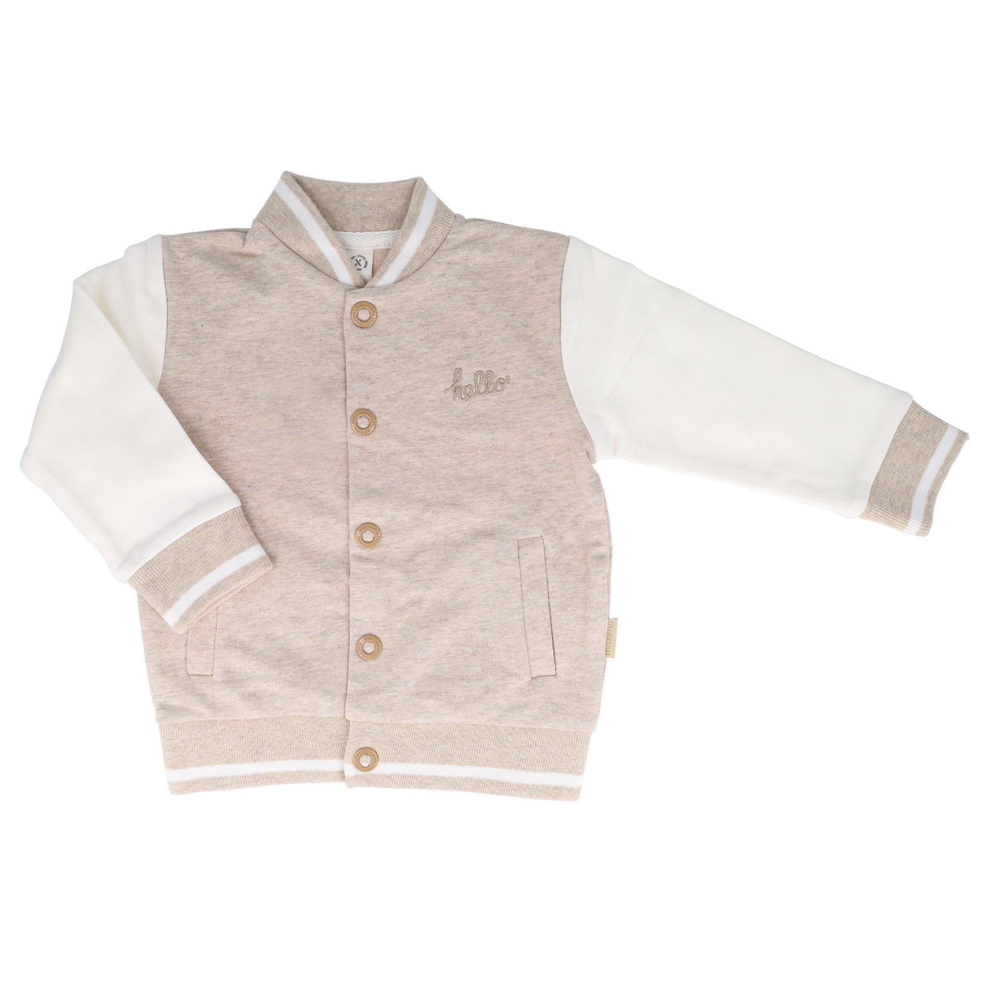 MAXIMO Sweatjacke (1-tlg) College Style, beigemeliert, weiße Ärmel, „hello“-Stickerei