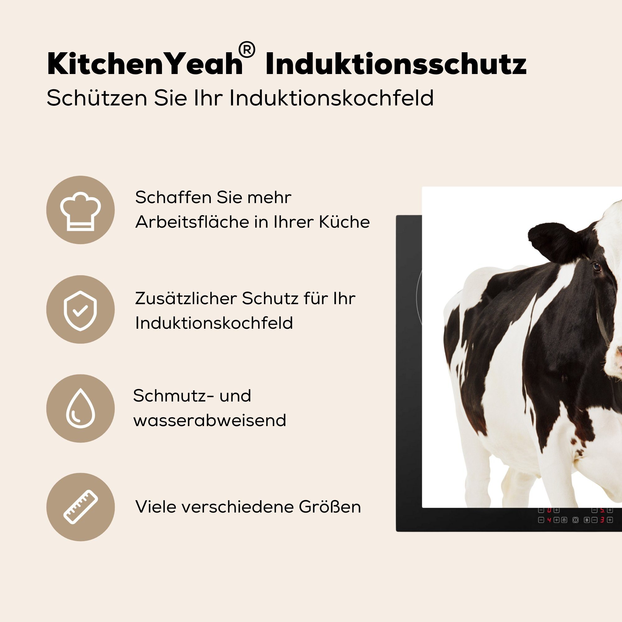 78x78 Weiß Tiere, Vinyl, (1 Arbeitsplatte Ceranfeldabdeckung, tlg), - Schwarz für - MuchoWow cm, Herdblende-/Abdeckplatte küche Kuh -