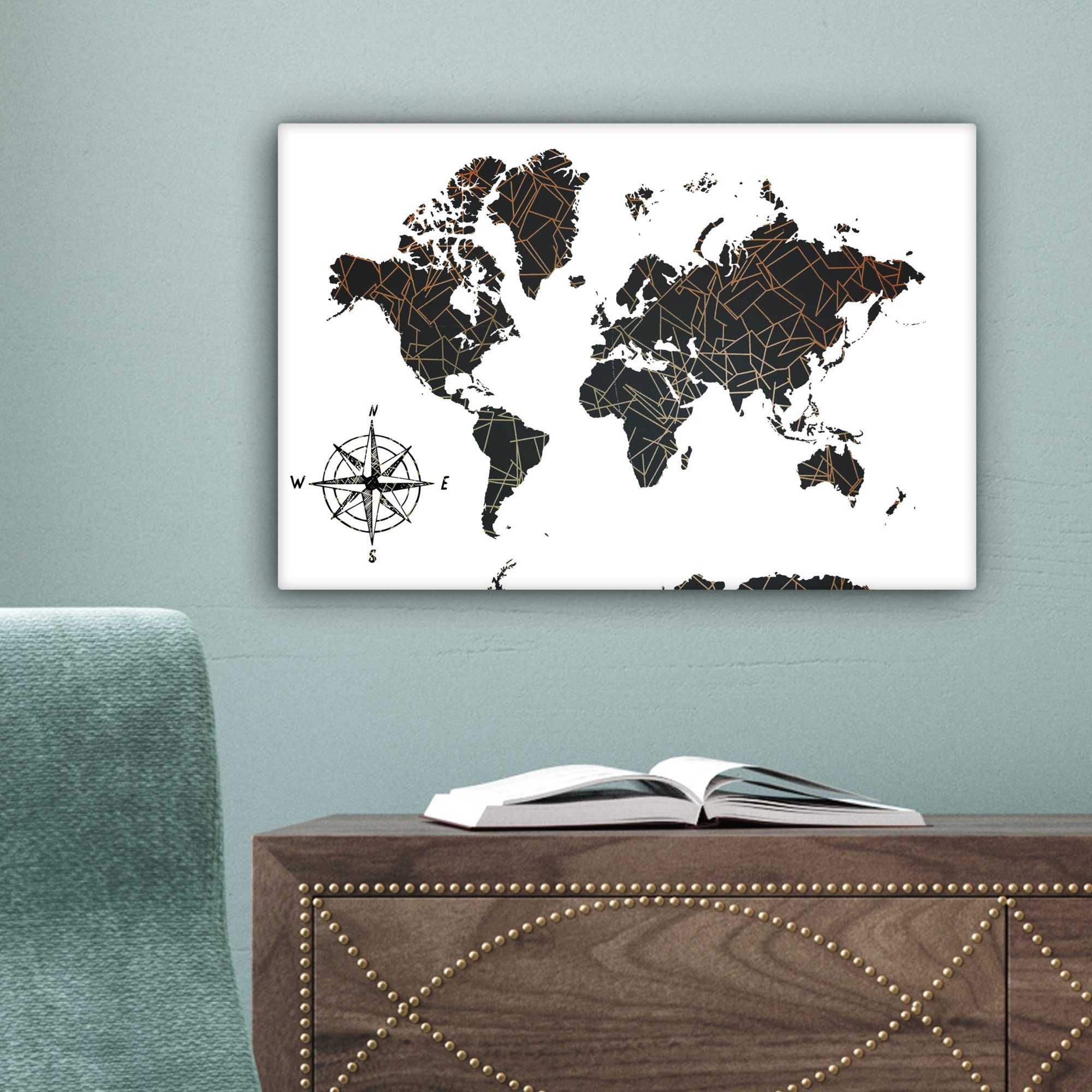 Weltkarte OneMillionCanvasses® - - Weiß St), Wandbild Leinwandbild Kupfer, - cm Schwarz Leinwandbilder, Aufhängefertig, Wanddeko, 30x20 (1