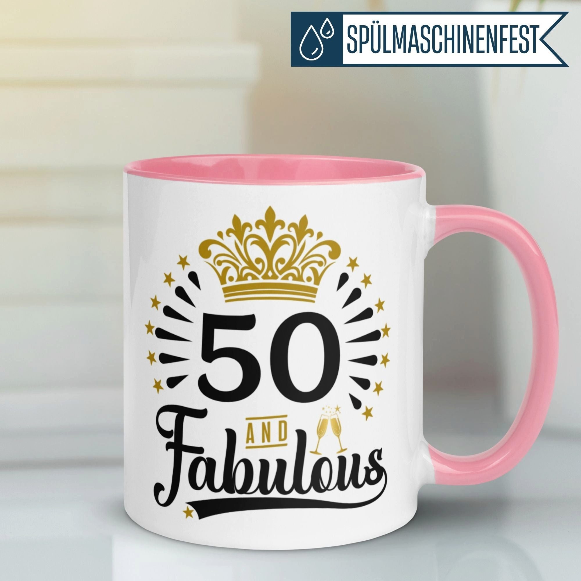 Momentals Tasse 50 Geburtstag Frau – „50 and Fabulous“ – Geburtstagsgeschenk Frauen, Gratis Versand · Links-&Rechtshänder · Spülmaschinenfest