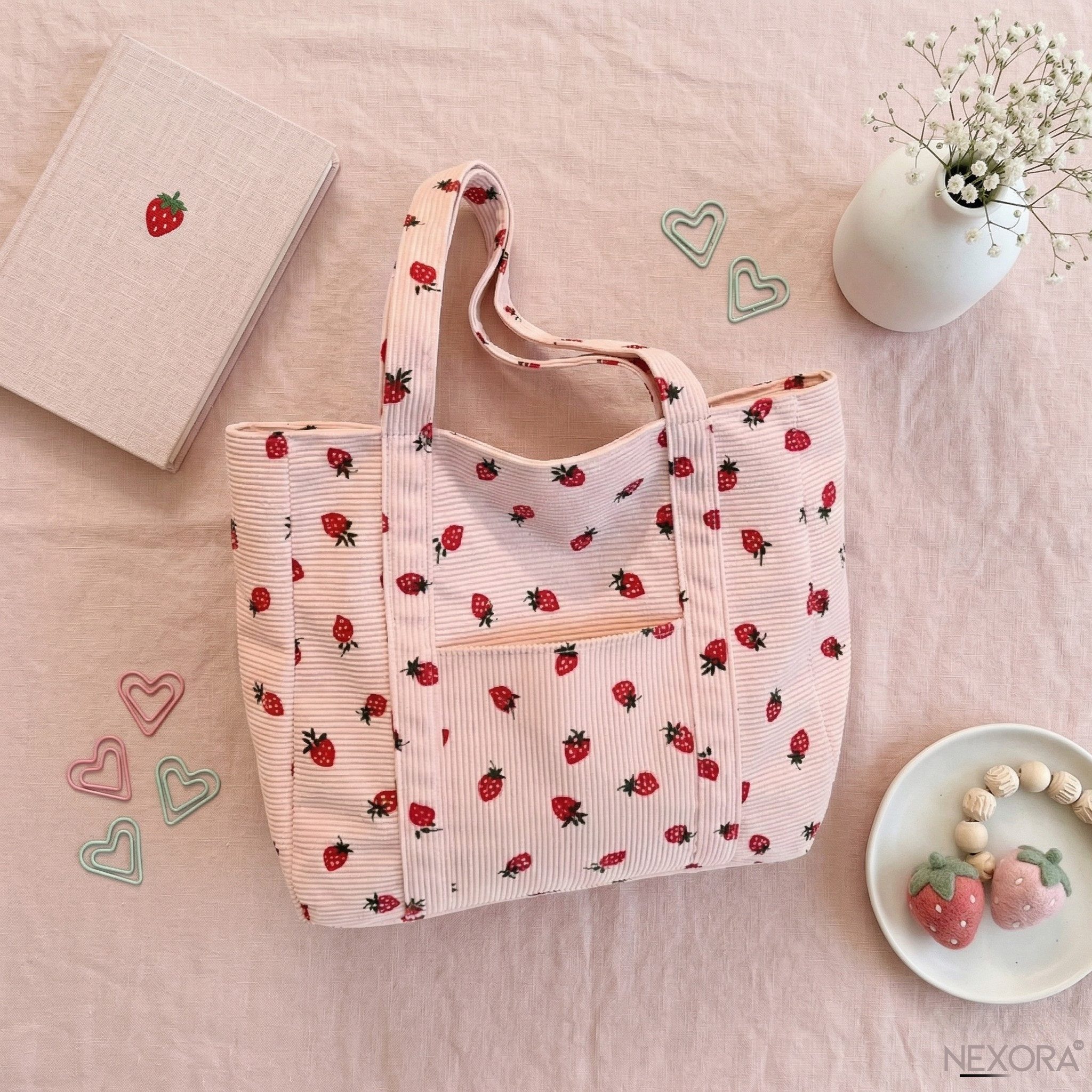 NEXORA Umhängetasche Cord Schultertasche Damen mit Erdbeer-Print Shopper mit Reißverschluss, Schultertasche, Cordtasche, Shopper, Reißverschluss