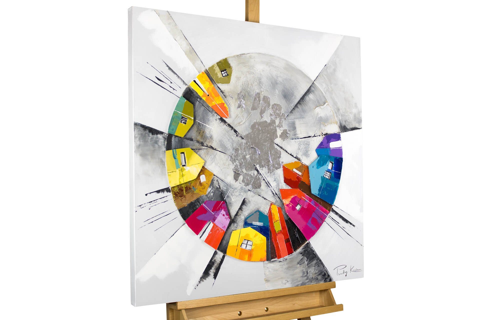 KUNSTLOFT Gemälde Kunterbuntes Großstadtflair 80x80 cm, Leinwandbild 100% HANDGEMALT Wandbild Wohnzimmer