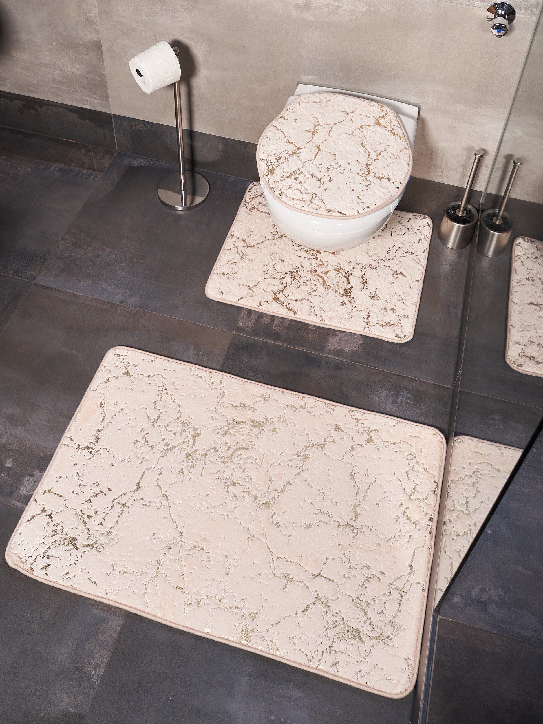 ZELLERFELD Badematte Marmour 3-teilig Bad Matte Dusche Set von 2 Rutsch Stand Bad Matten