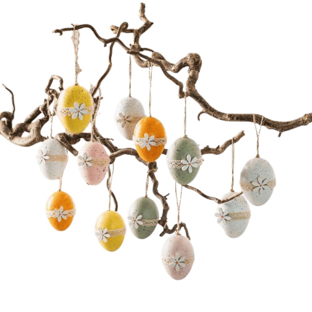 Home-trends24.de Osterei bunte Ostereier Kunststoff Textilband Holzblüte 12er Set (12 St)
