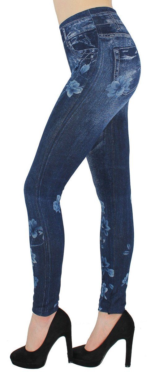 WL098-Blumenmeer Thermohose dy_mode Jeggings Damen Leggings Gefüttert Thermoleggings Bund Jeans-Optik Thermo elastischem