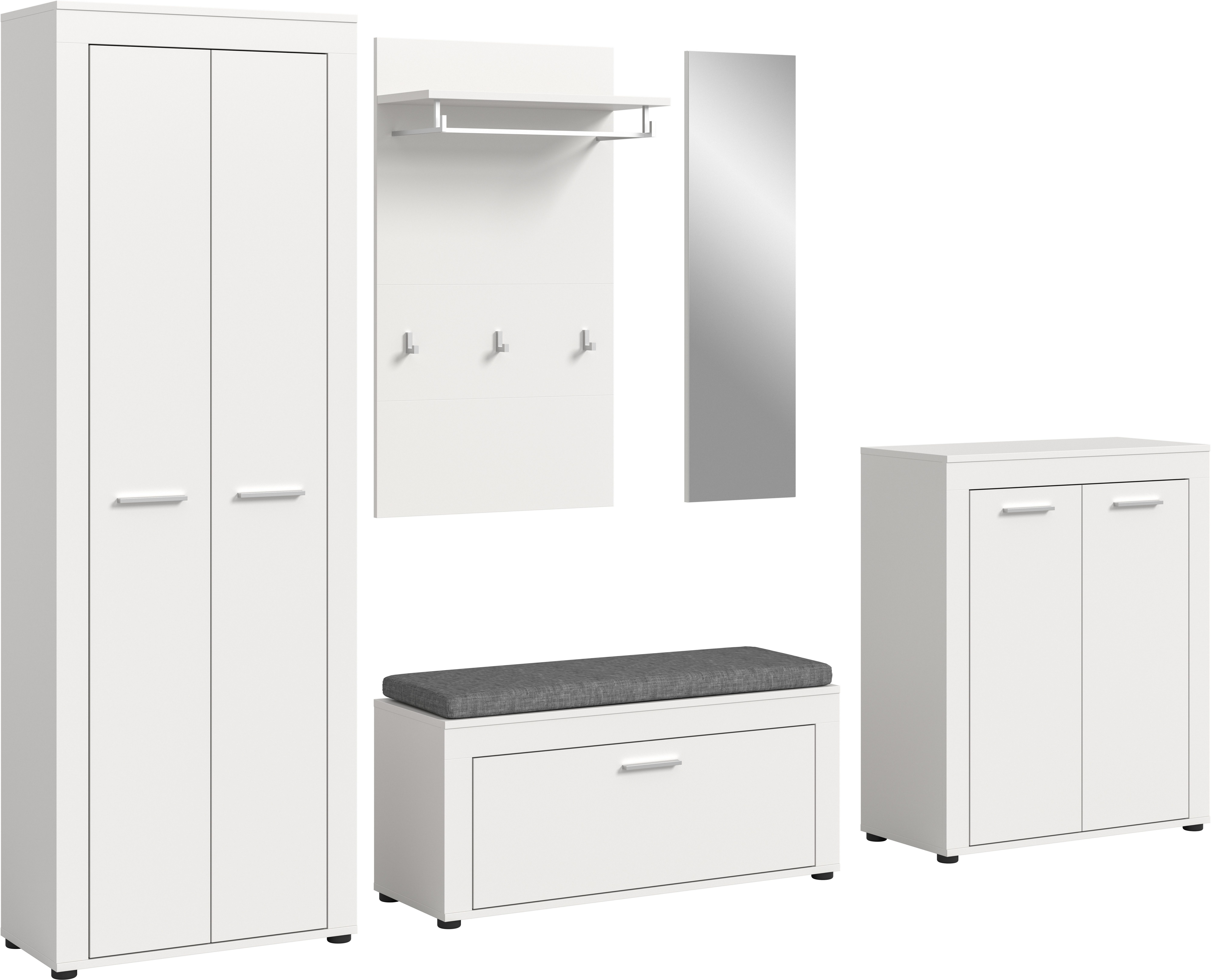 Home affaire Garderoben-Set AOSTA, TOPSELLER!, Breite 285cm, 6-teilige Garderobenkombination, (Set, 6-St., best. aus: Schrank, Sitzbank, Sitzkissen, Paneel, Spiegel & Kommode), Flurkombination, Kombination, Garderobe, Dielen-Set, Garderobenmöbel