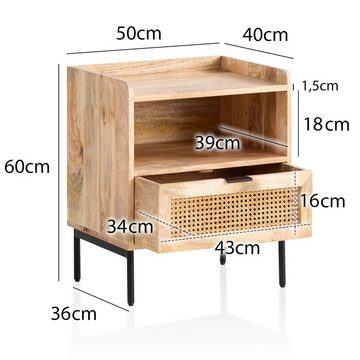 Wohnling Nachttisch WL6.806 (Massivholz / Rattan 50x60x40 cm Nachtschrank), Nachtkonsole mit Schublade, Nachtkästchen Modern