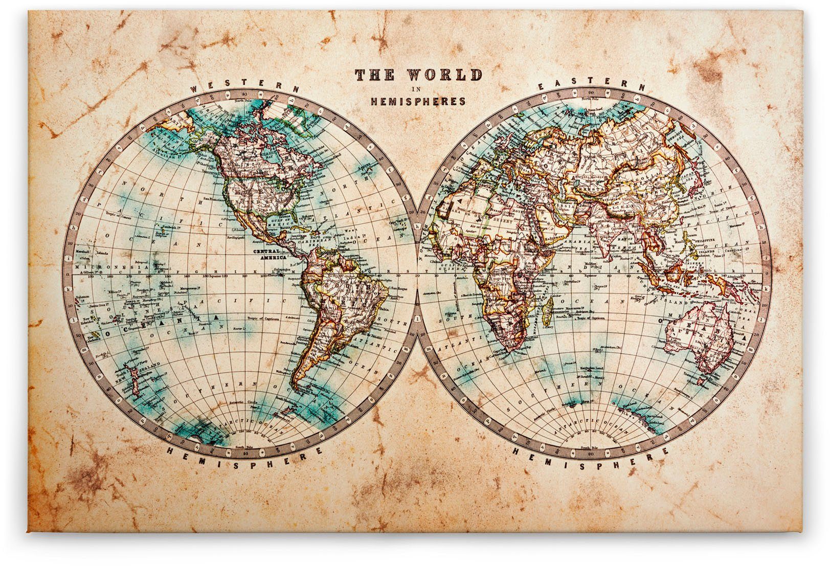 A.S. Création Leinwandbild Hemispheres, Kinder, Kunst, Weltkarte (1 St), Atlas Weltkarte Antik Vintage Keilrahmen Leinwand-Bild Wohnzimmer Wand