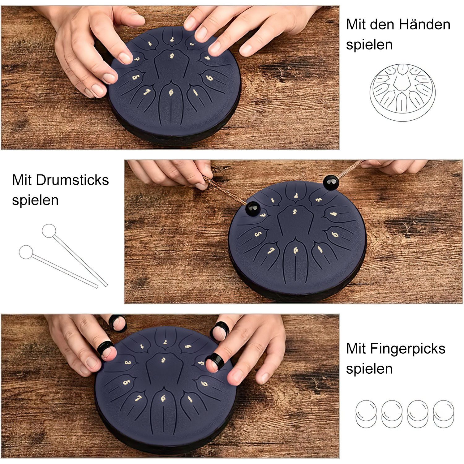 SURFOU Steel Tongue Drum Zungentrommel Sonodrum 6 Zoll 11 Töne Tongue Drum Regentrommel, Steel Tongue Drum Stahlzungentrommel Klangschale Handpan Instrument, mit Schlägeln Meditation Yoga Klangheilung Garten Weihnachten