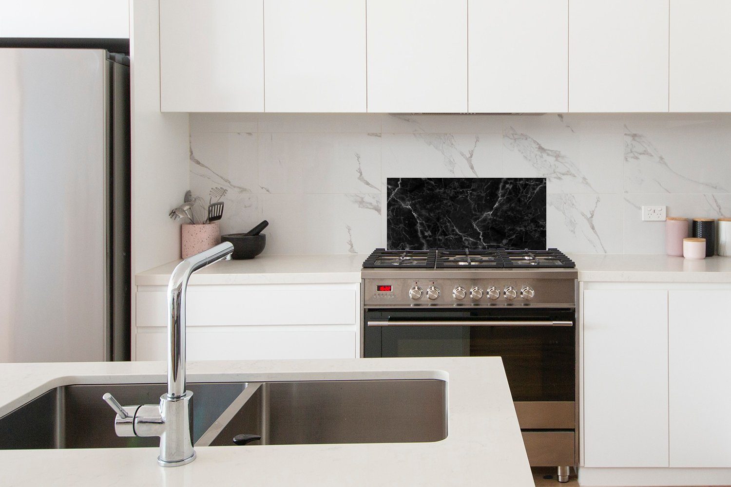 MuchoWow Küchenrückwand Marmor - Schwarz und für Wandschutz, (1-tlg), Fett - Weiß Textur gegen Schmutzflecken - - Marmoroptik, Küchen cm, 60x30