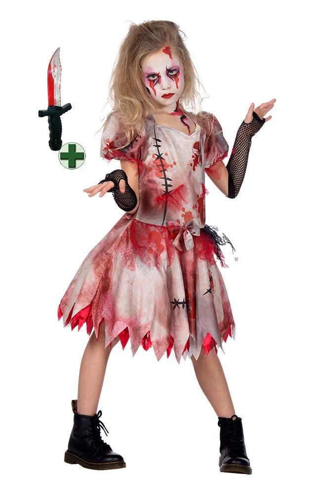 Karneval-Klamotten Zombie-Kostüm Mädchen blutiges Kleid inkl. Messer Halloween, Kinderkostüm Mädchenkostüm Halloween Horrorkleid Blutspritzer-Print