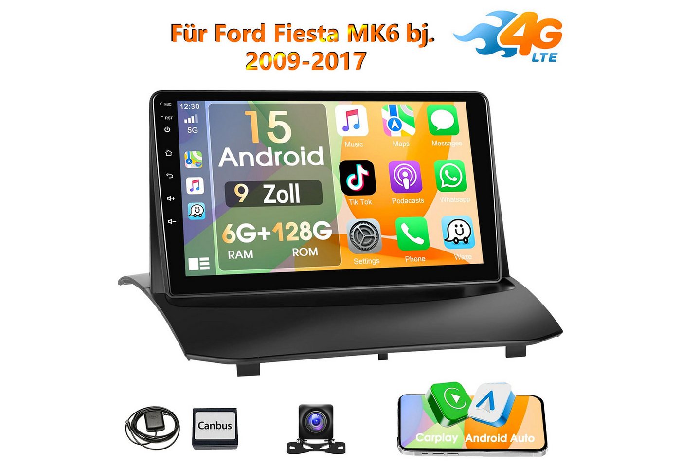 ESSGOO 6+128G Android 15 GPS NAVI für Ford Fiesta MK6 bj. 2008-2016 Carplay Autoradio (RDS, FM, DAB+ (optional), SWC)