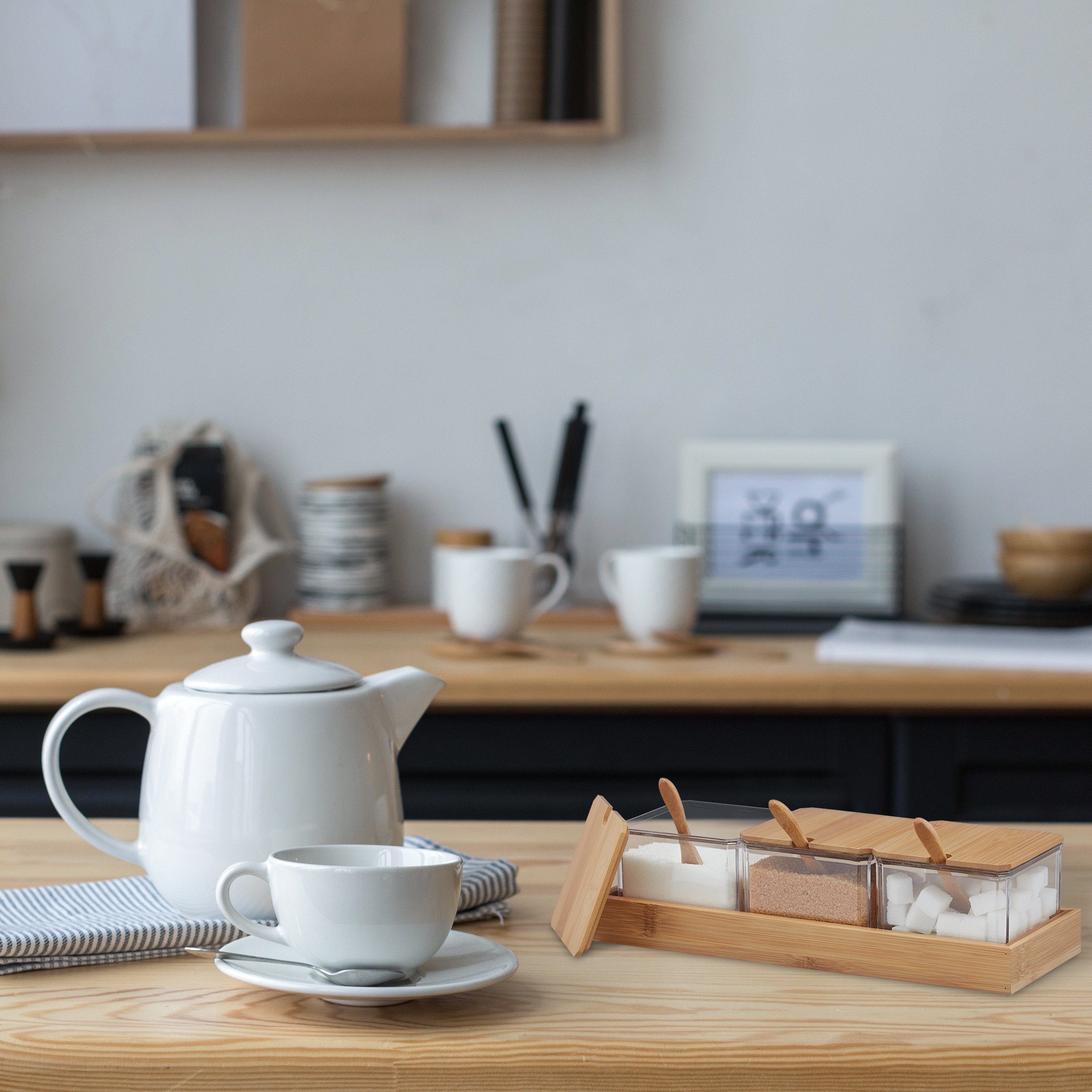 relaxdays Gewürzbehälter Set mit Löffel & Deckel, Bambus, transparent günstig online kaufen