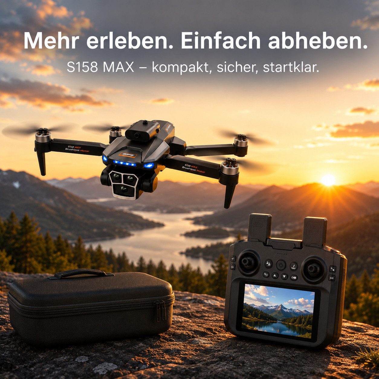 Goldstern-Tech RC-Quadrocopter (mit Full-HD Display-Controller & Liveübertragung, bis 60min Flugzeit), inkl. 8GB SD-Karte, Display-Controller, Headless-Modus & Auto-Return