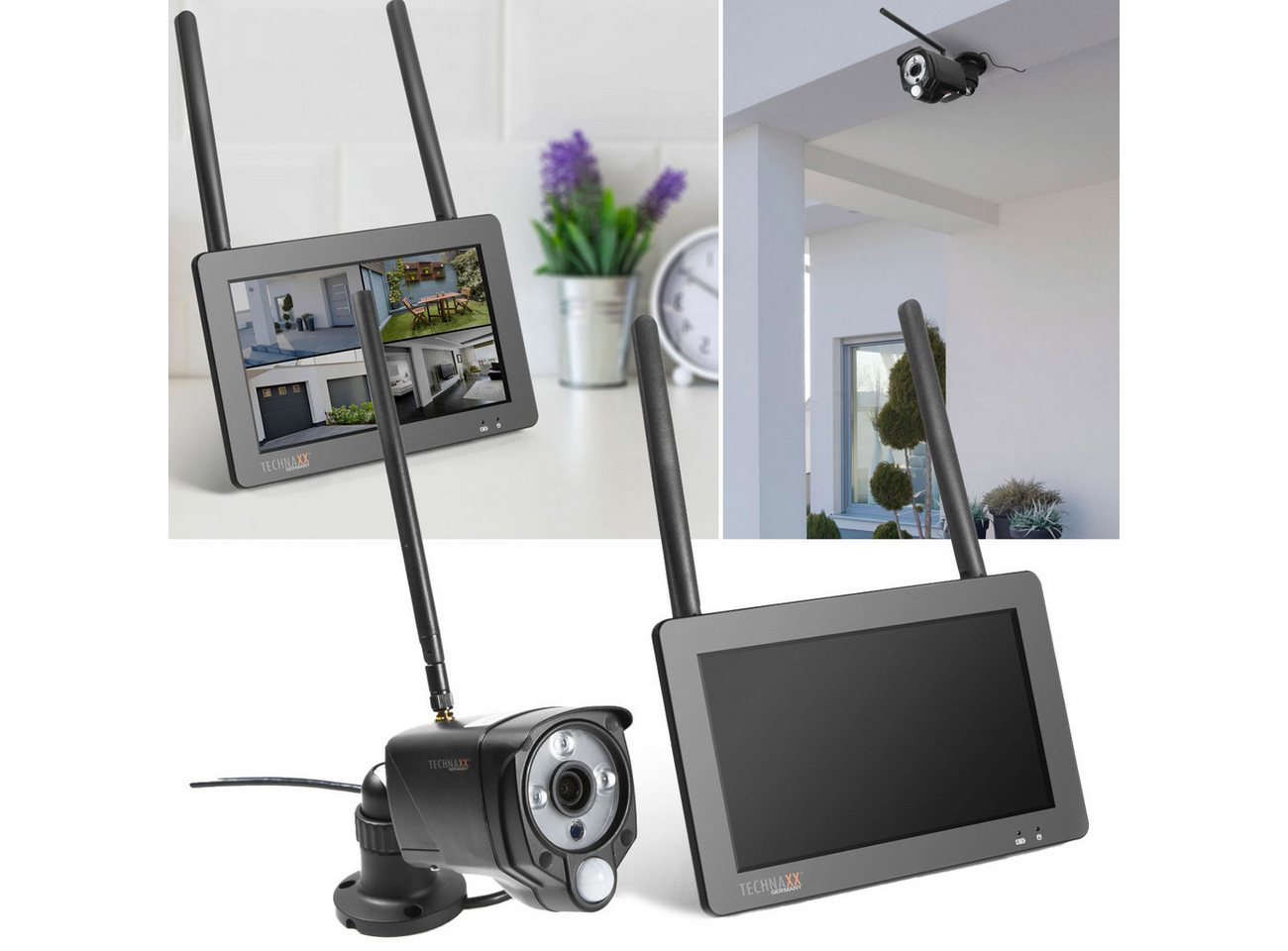 Technaxx Überwachungskamera 7'' Monitor WLAN-Überwachungskamera-Set: Full-HD, App & Nachtsicht (Zwei-Wege Kommunikation via Mikrofon und Lautsprecher)
