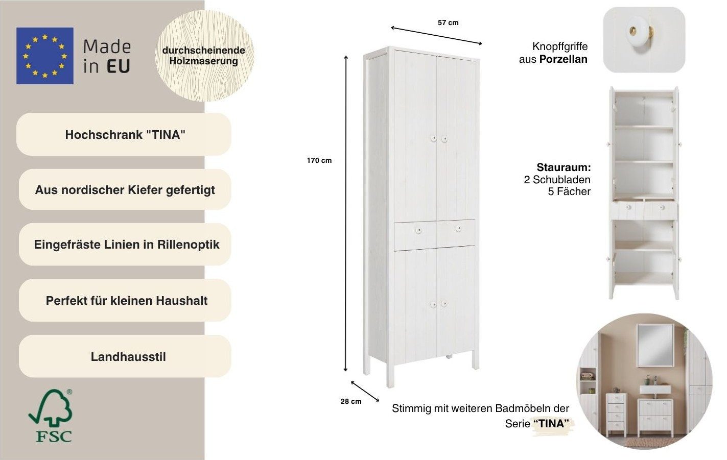 Home affaire Hochschrank Tina Badmöbel, Schrank, Breite 57 cm, Massivholz