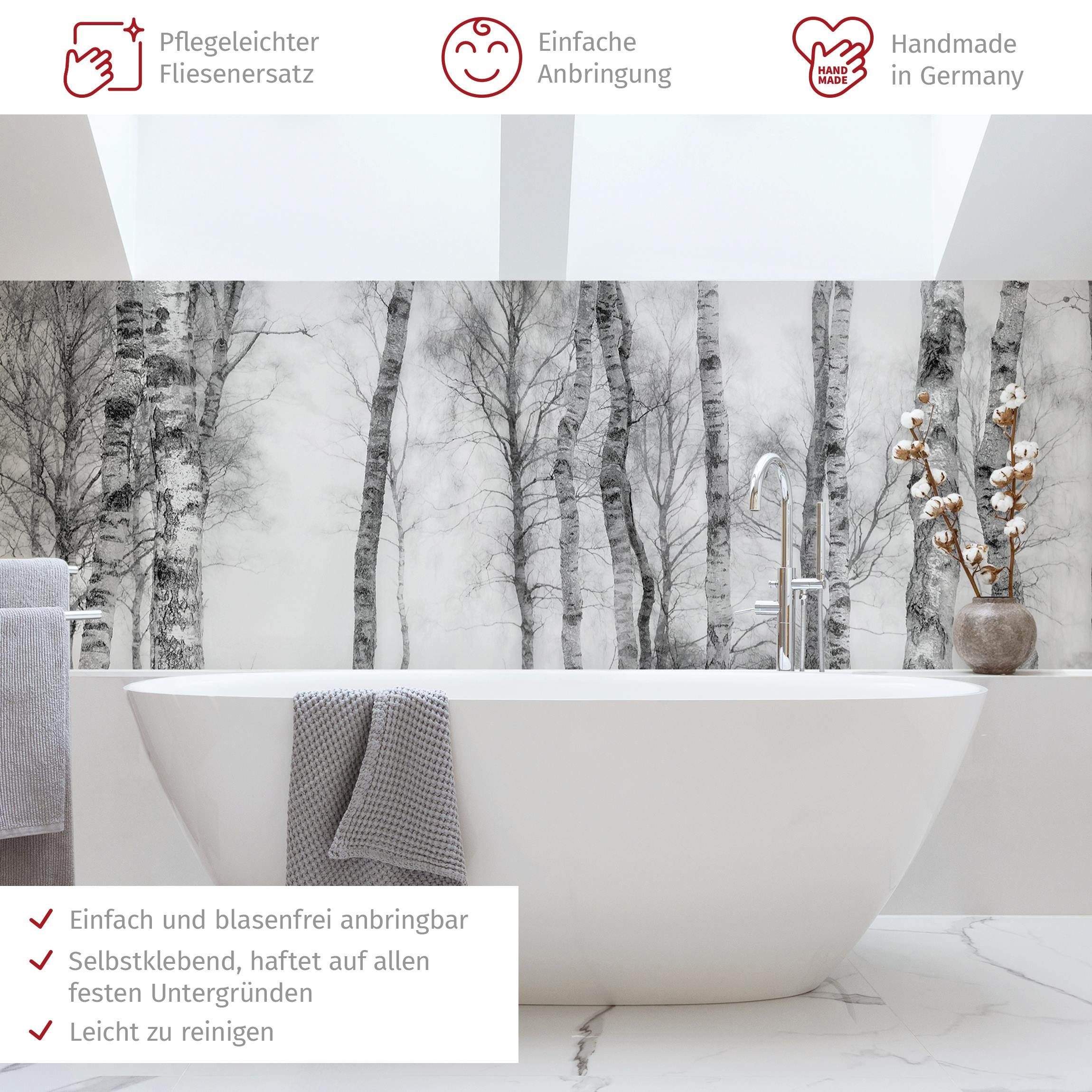 Bilderdepot24 Badrückwand schwarz weiss fugenlose Wandverkleidung Bad mit Motiv, (Hartfolie matt » Selbstklebend SMART 0,35 mm), wasserfestes Wandpaneel Birkenwald