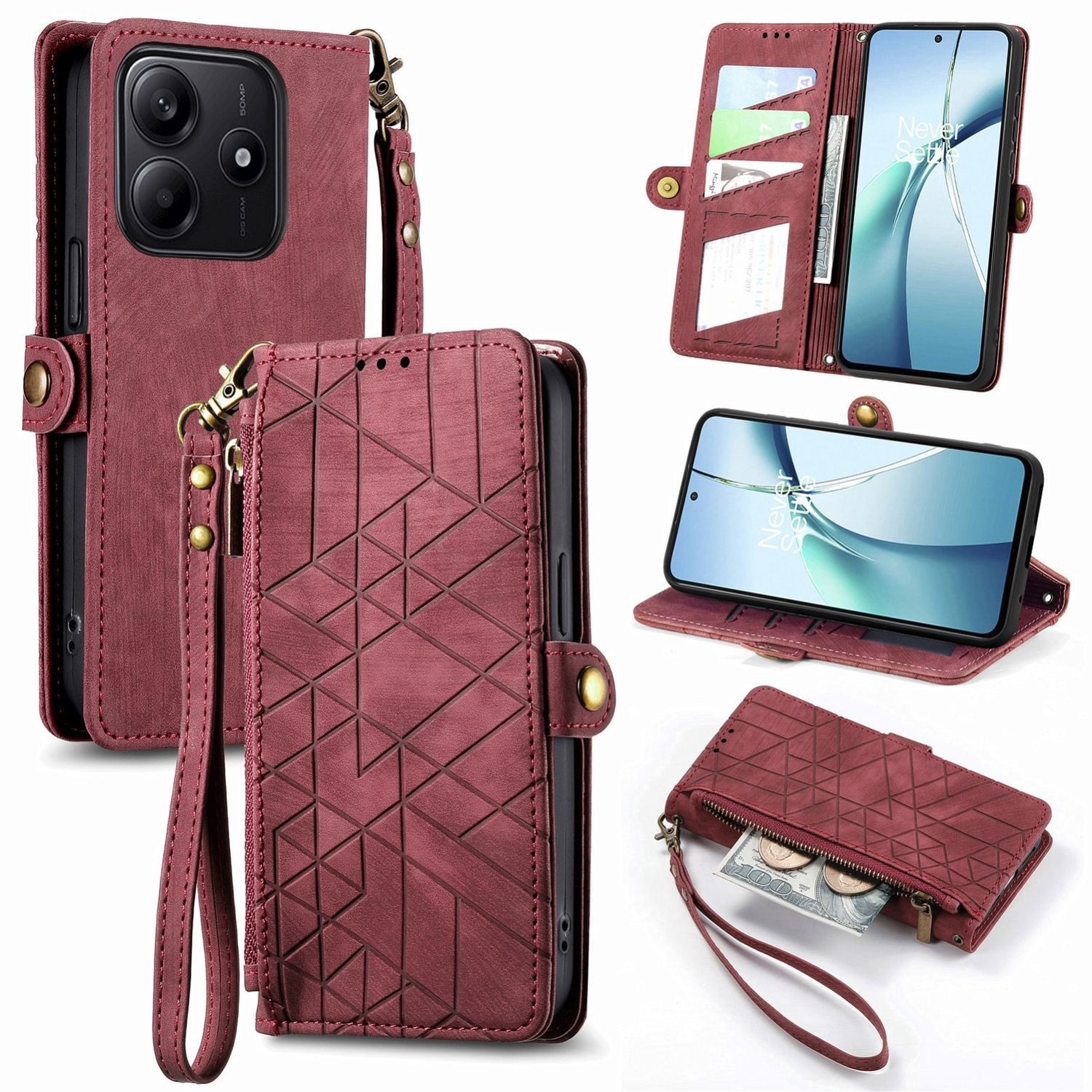 Wigento Handyhülle Für Xiaomi Redmi Note 14 5G Kunstleder Zipper Book Wallet Tasche Rot, Kartenfächer, Reißverschlussfach, Standfunktion