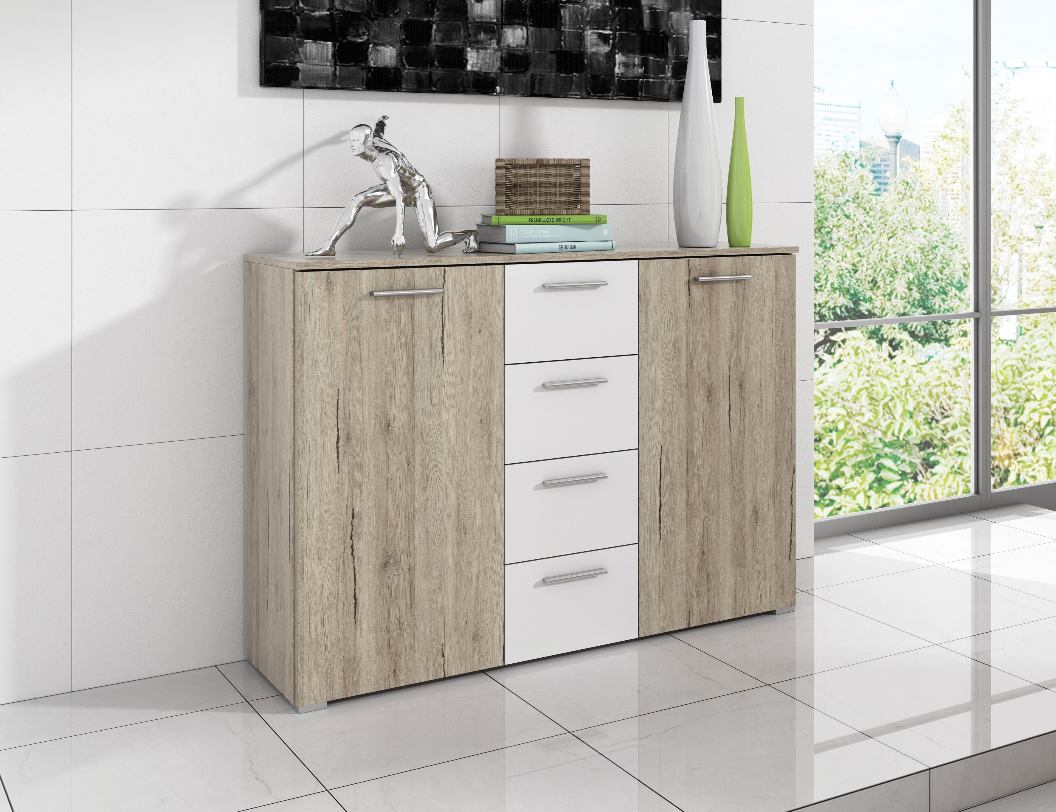 Home affaire Kombikommode Beta Breite 132 cm, zeitlose Schubladenkommode, Anrichte, Sideboard, viel Stauraum, 2-türig 4 Schubladen, 132x38x93cm