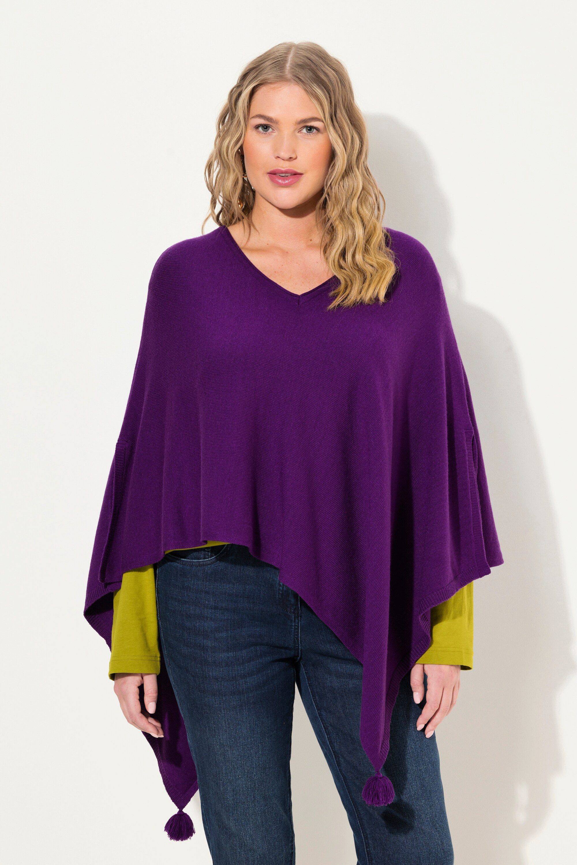 Ulla Popken Strickpullover Strick-Poncho Zipfelsaum Quaste günstig online kaufen