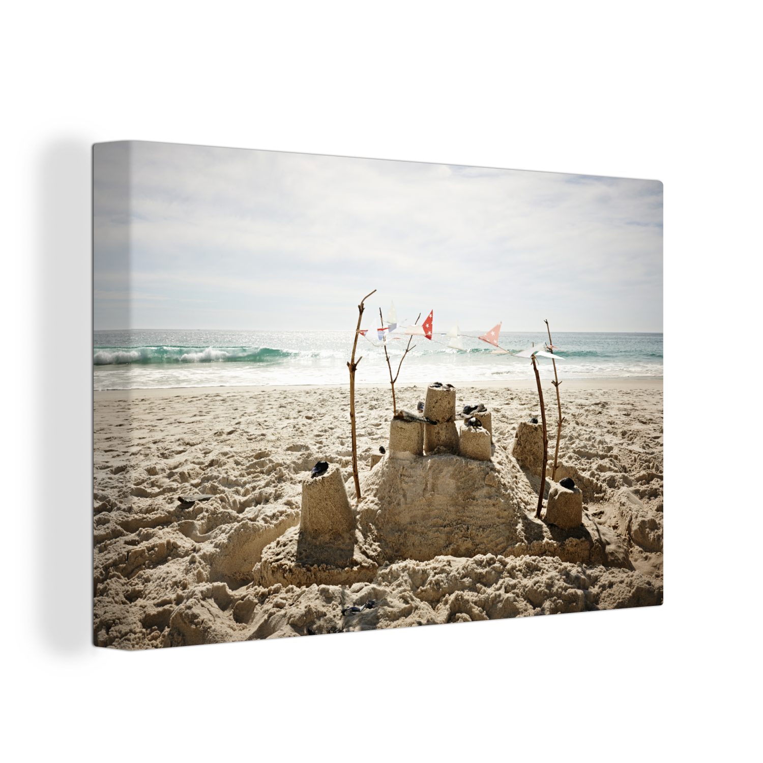 OneMillionCanvasses® Leinwandbild Sandburg mit Fahnen, (1 St), Wandbild Leinwandbilder, Aufhängefertig, Wanddeko, 30x20 cm