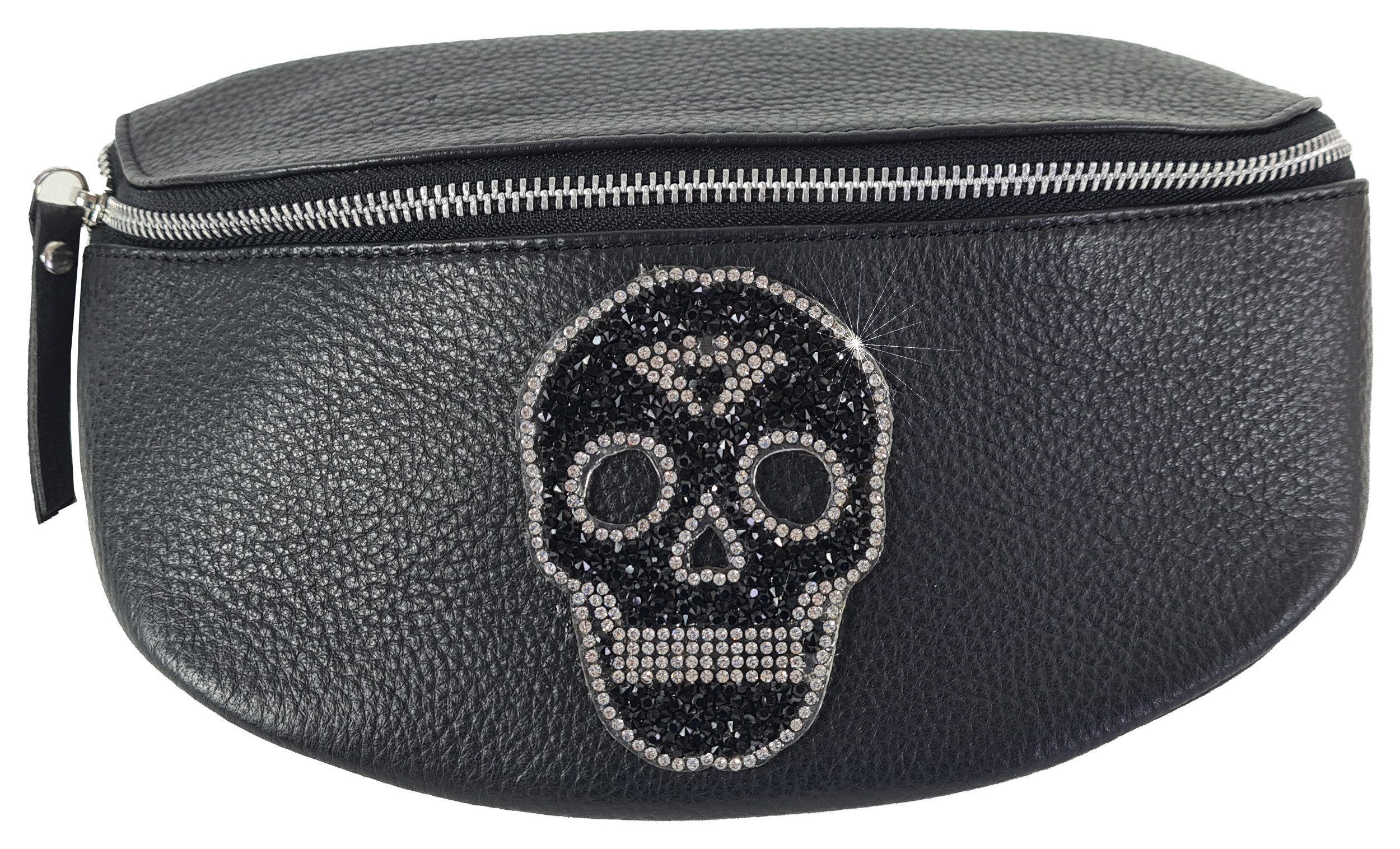 Einkaufszauber Gürteltasche Echt Leder Gürteltasche Skull Totenkopf Kristall, Totenkopf aus Strass