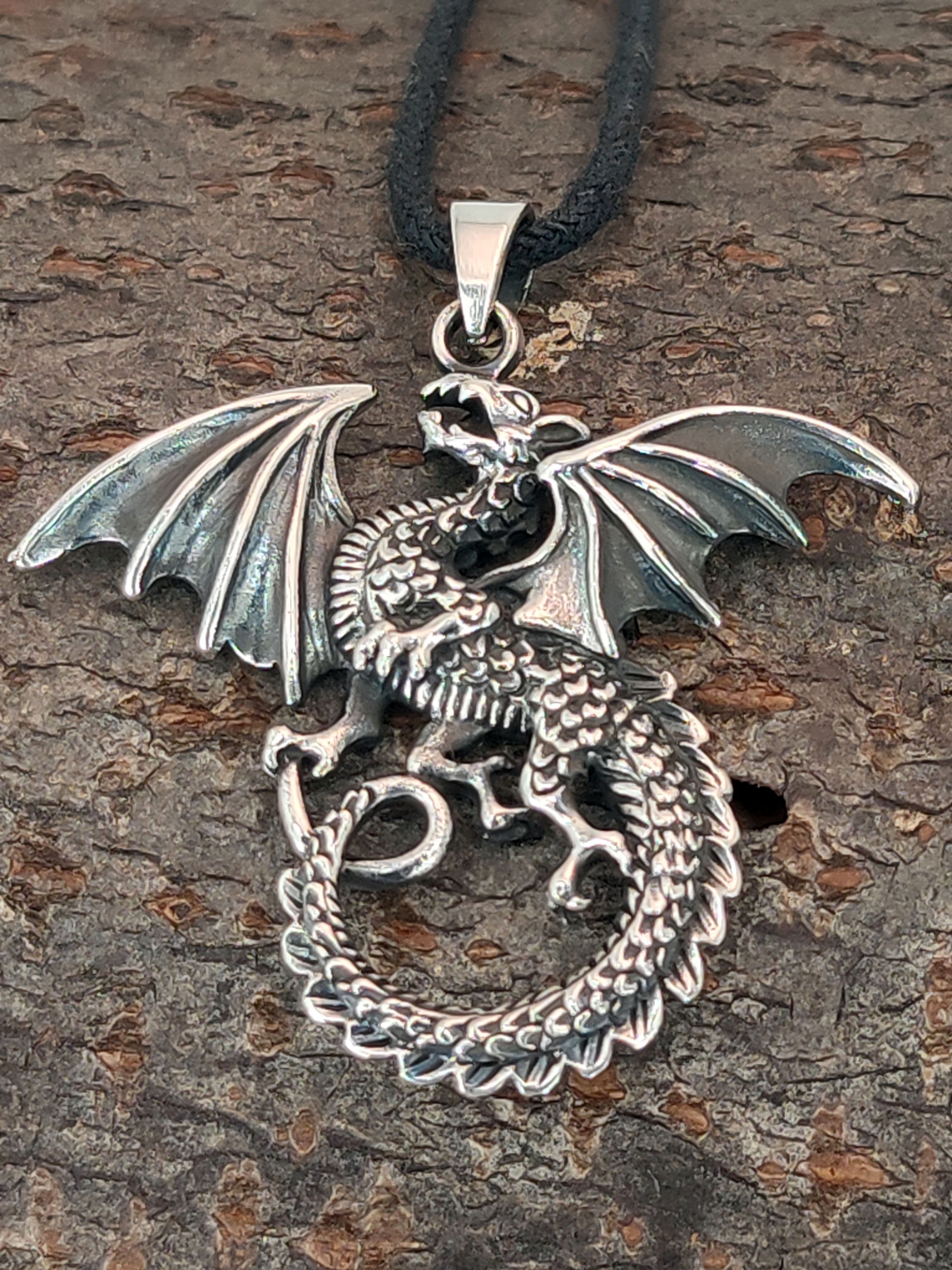 Kettenanhänger Silber Drache 925 Anhänger of Leather Großer Drachen Dragon Kiss Sterling