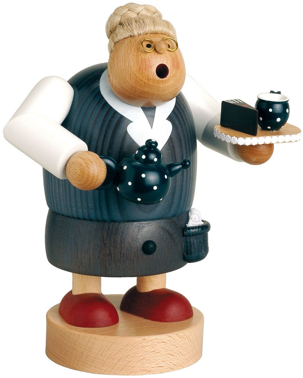 KWO Kunstgewerbe Werkstätten Räuchermännchen KWO Räucherfrau Großmutter mit Kaffee und Kuchen, (1 St), Handarbeit aus dem Erzgebirge