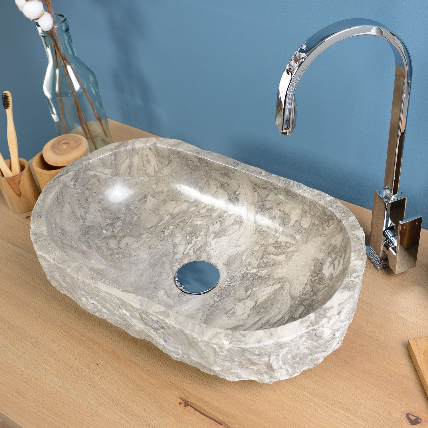 wohnfreuden Aufsatzwaschbecken Erosi Marmor Waschbecken 50 cm grau (Kein Set), NEW-4183