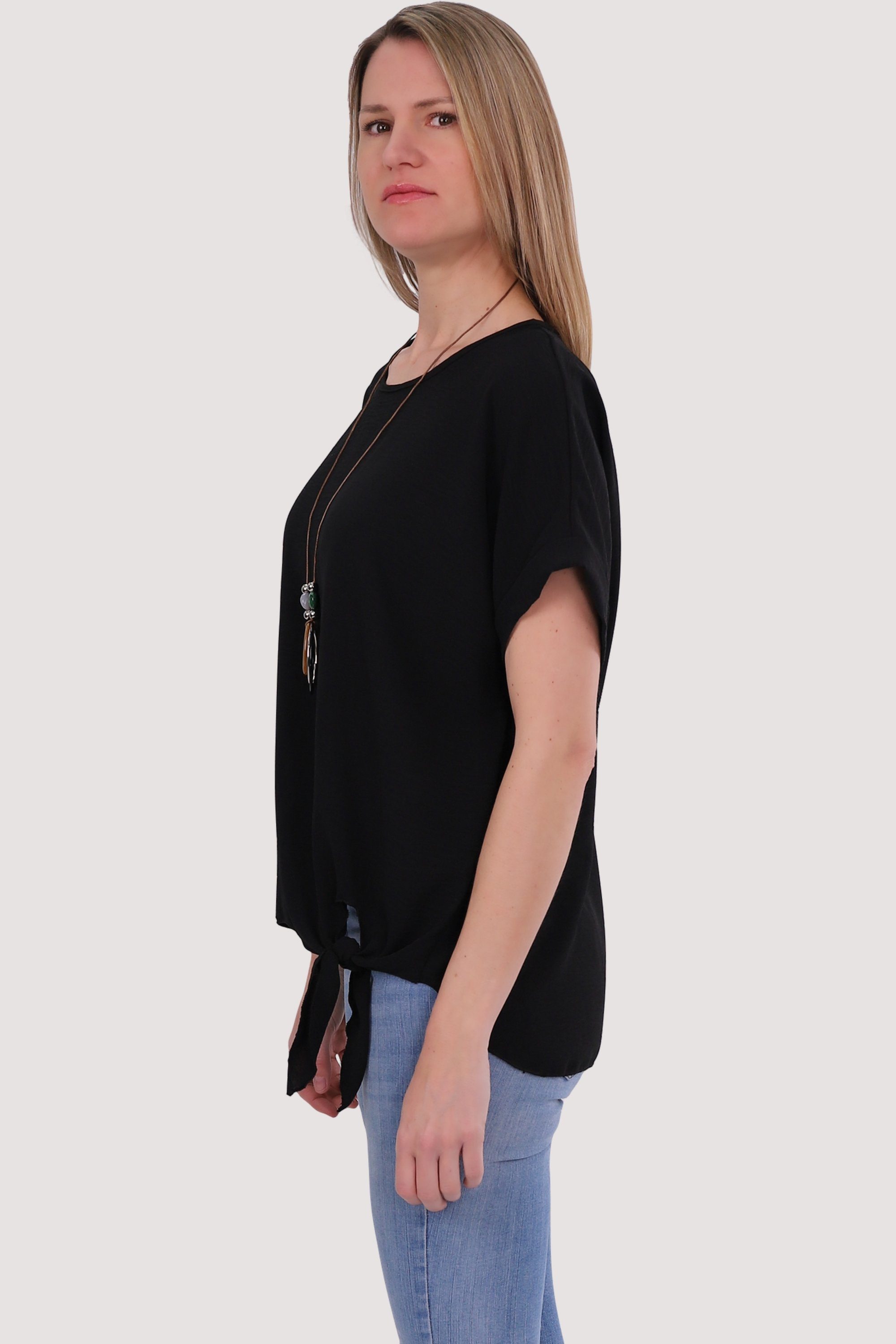 und fashion Kette than 10508 Einheitsgröße schwarz Blusenshirt malito mit more Bindeknoten