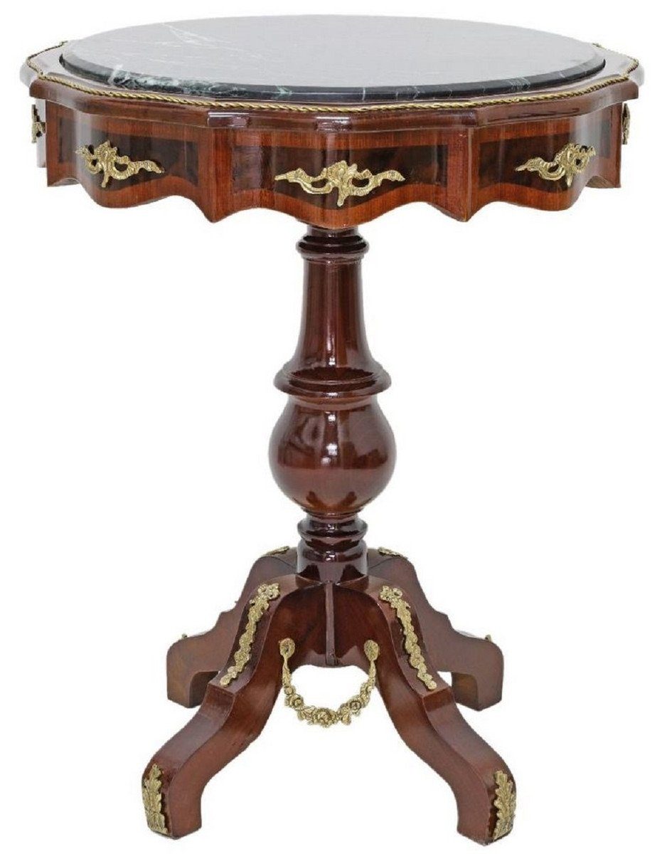 Casa Padrino Beistelltisch Barock Beistelltisch Dunkelbraun / Braun / Messing / Schwarz - Antik Stil Massivholz Tisch mit runder Marmorplatte - Barock Möbel