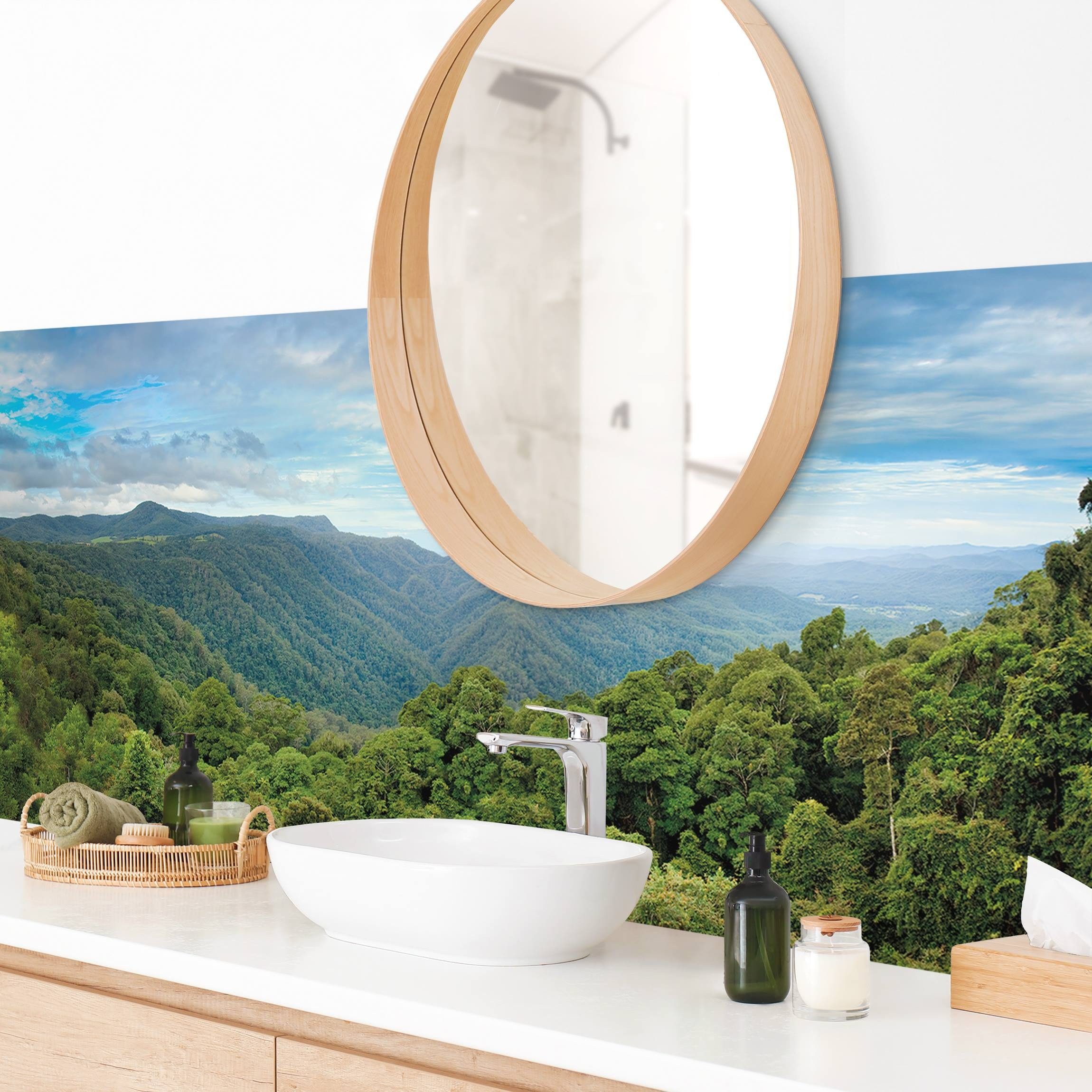 Bilderdepot24 Badrückwand grün fugenlose Wandverkleidung Bad Tropisch, (Hartfolie matt » Selbstklebend SMART 0,35 mm), wasserfestes Wandpaneel Dschungel Ausblick