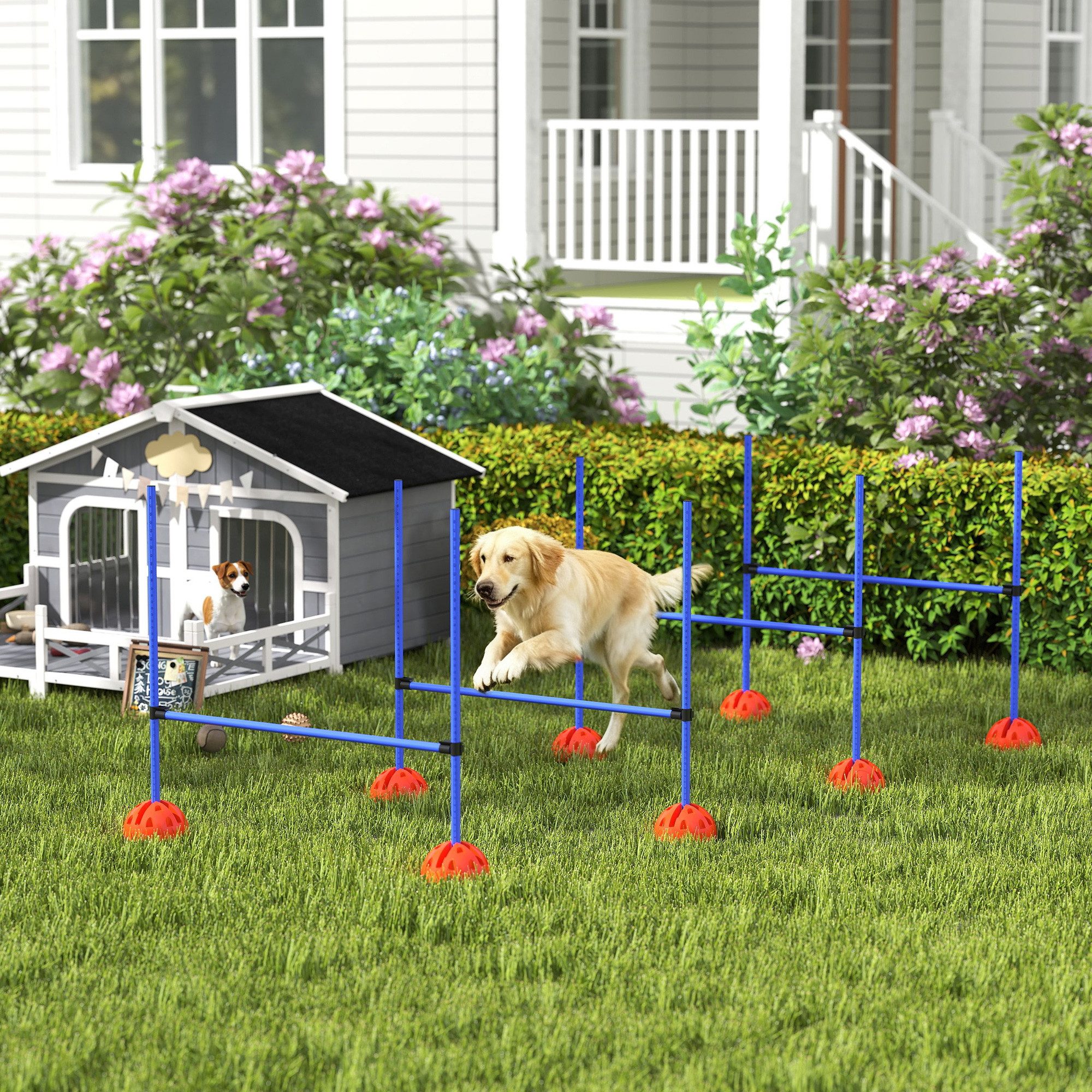 PawHut Agility-Hürde Ausrüstung, höhenverstellbar, mit Tragetasche, befüllbar, Kunststoff, Agility Set (4-tlg) für Hundetraining, Spiele Training, Blau+Orange