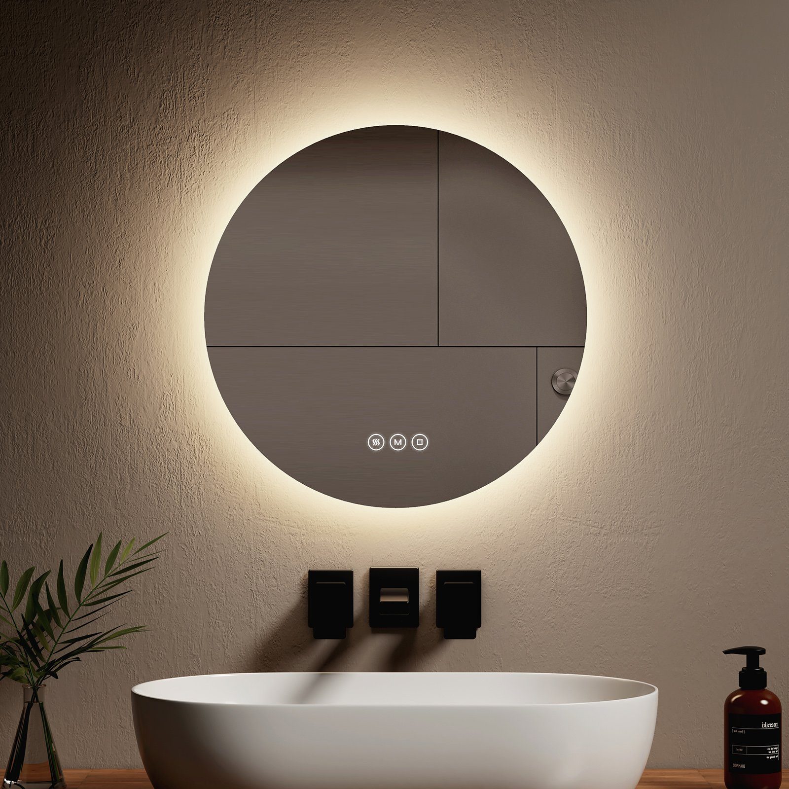 EMKE Badspiegel Antibeschlage Lichtfarben 3 Helligkeit Beleuchtung mit Einstellbar,Memory-Funktion,Energiesparend,Φ cm Dimmbar, 50-80 Badezimmerspiegel