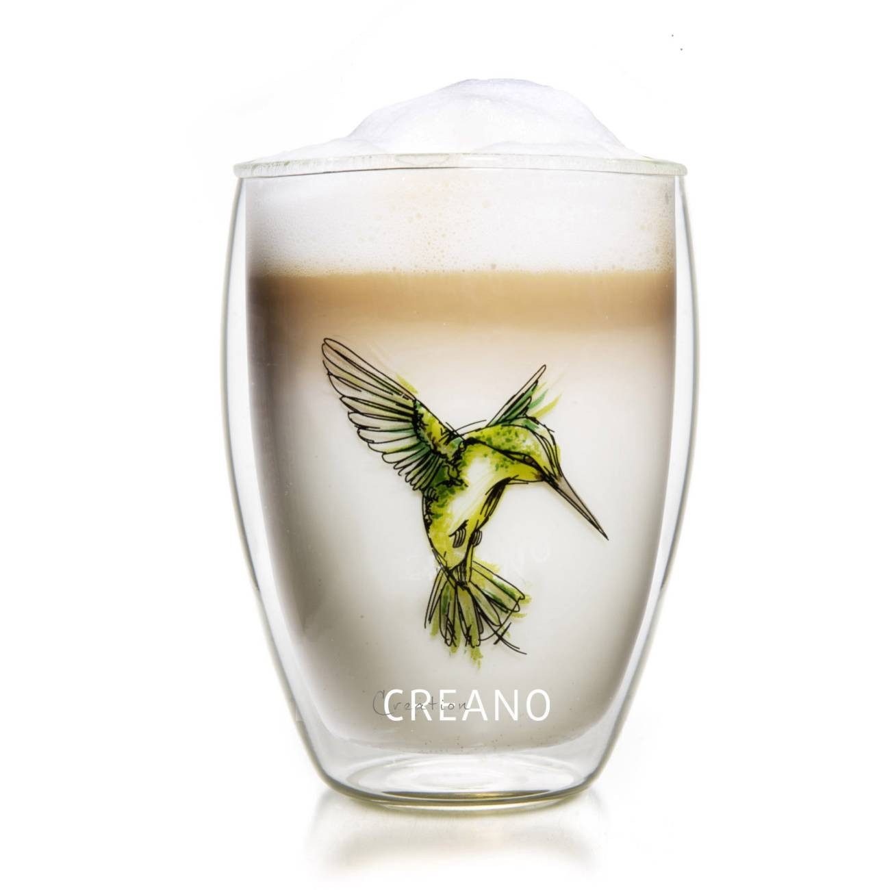 Creano Teeglas Tee-Glas, Latte Machiato, Thermobecher Kolibri Grün, 250ml, Borosilikatglas, 1x bedrucktes Glas