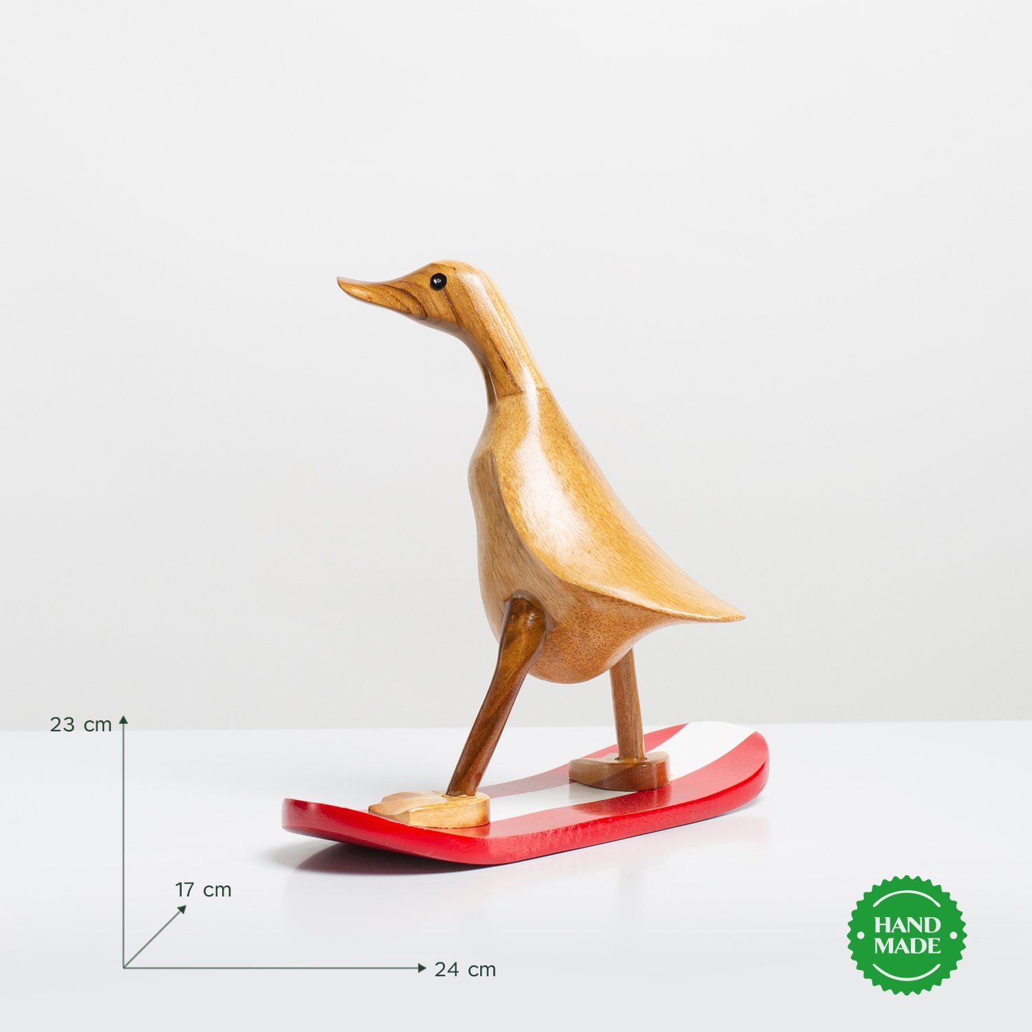Rikmani Dekofigur Ente Skifahrer - Handgefertigte Dekoration aus Holz Geschenk Figur (3er-Set, SET: S, M, L), Drei Holzarten. Lackiert.
