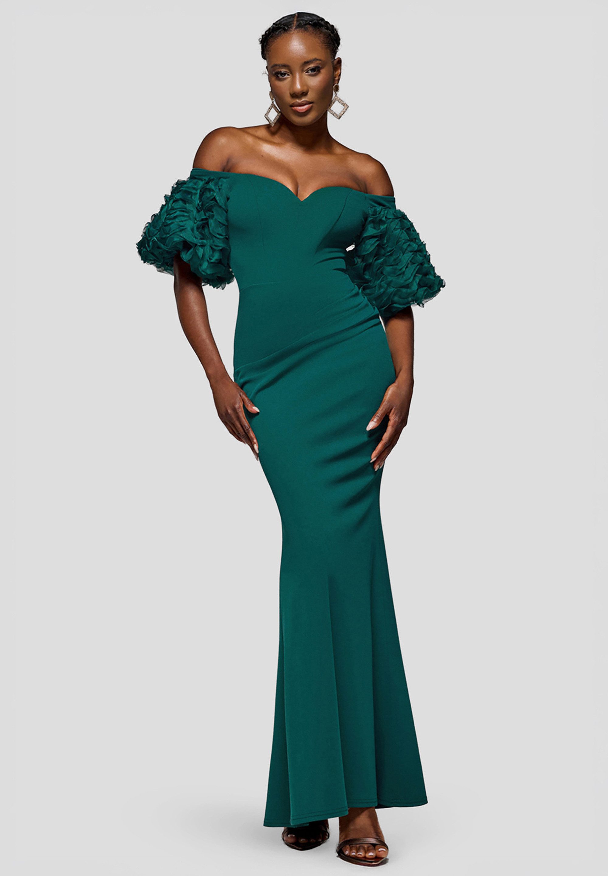 Goddiva Maxikleid Off The Shoulder 3D Puffed Sleeve Sweetheart Maxi Dress Langes Kleid, Schulterfrei, Herz-Ausschnitt