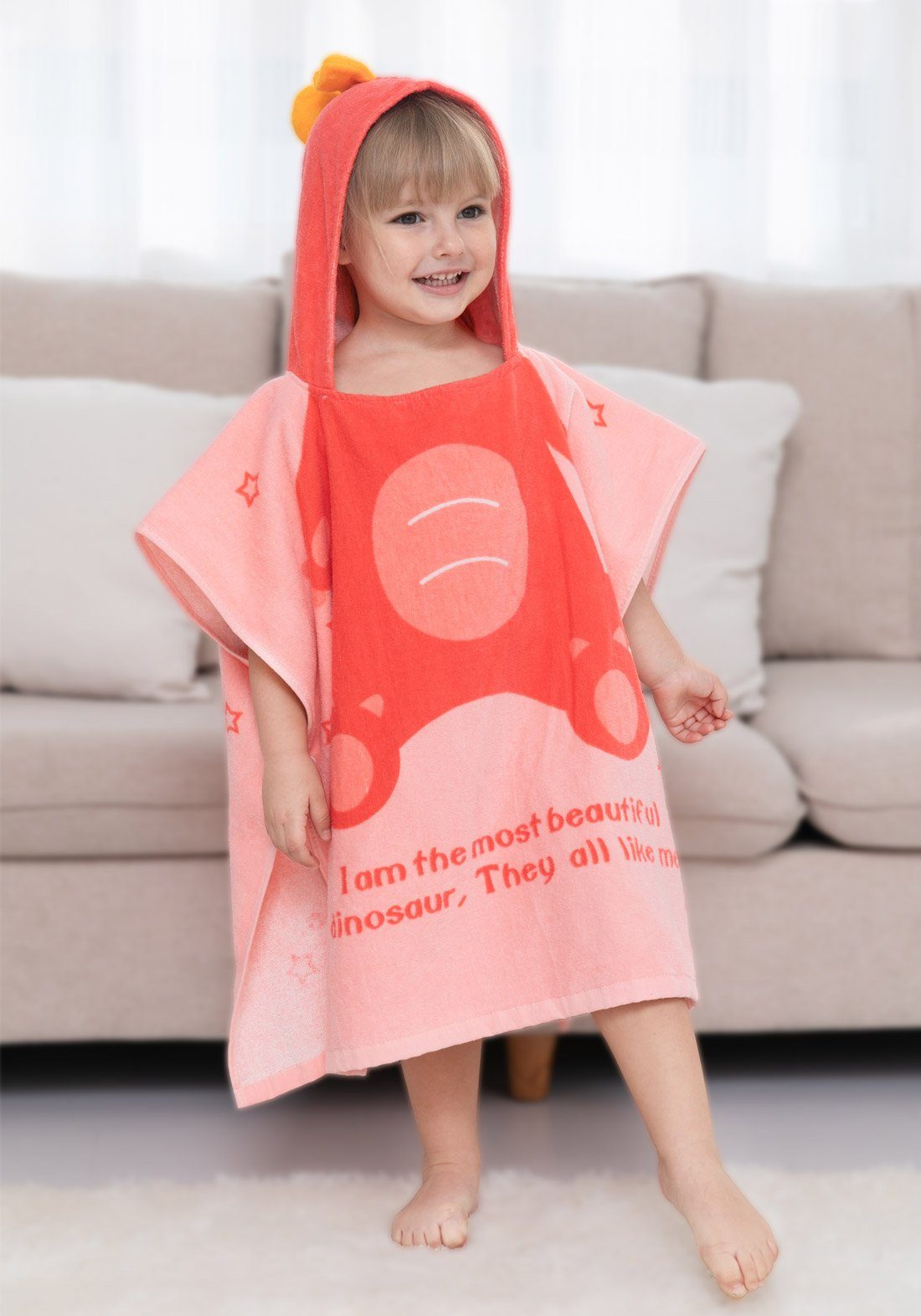 Vivi Idee Badetuch Kinder Badetuch Badeponcho Kapuzenhandtuch Bademäntel 100% Baumwolle, aus Dino Motiv, weiches und super saugfähiges, 0-6 Jahre Rosa