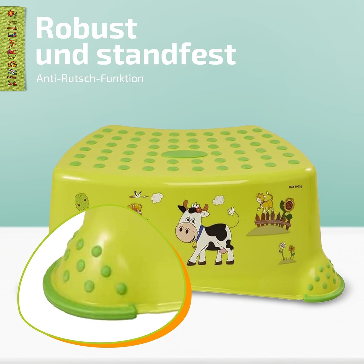 KiNDERWELT Tritthocker Premium Tritthocker Funny grün stabiler Hocker für Kinder, Anti- Rutsch- Funktion