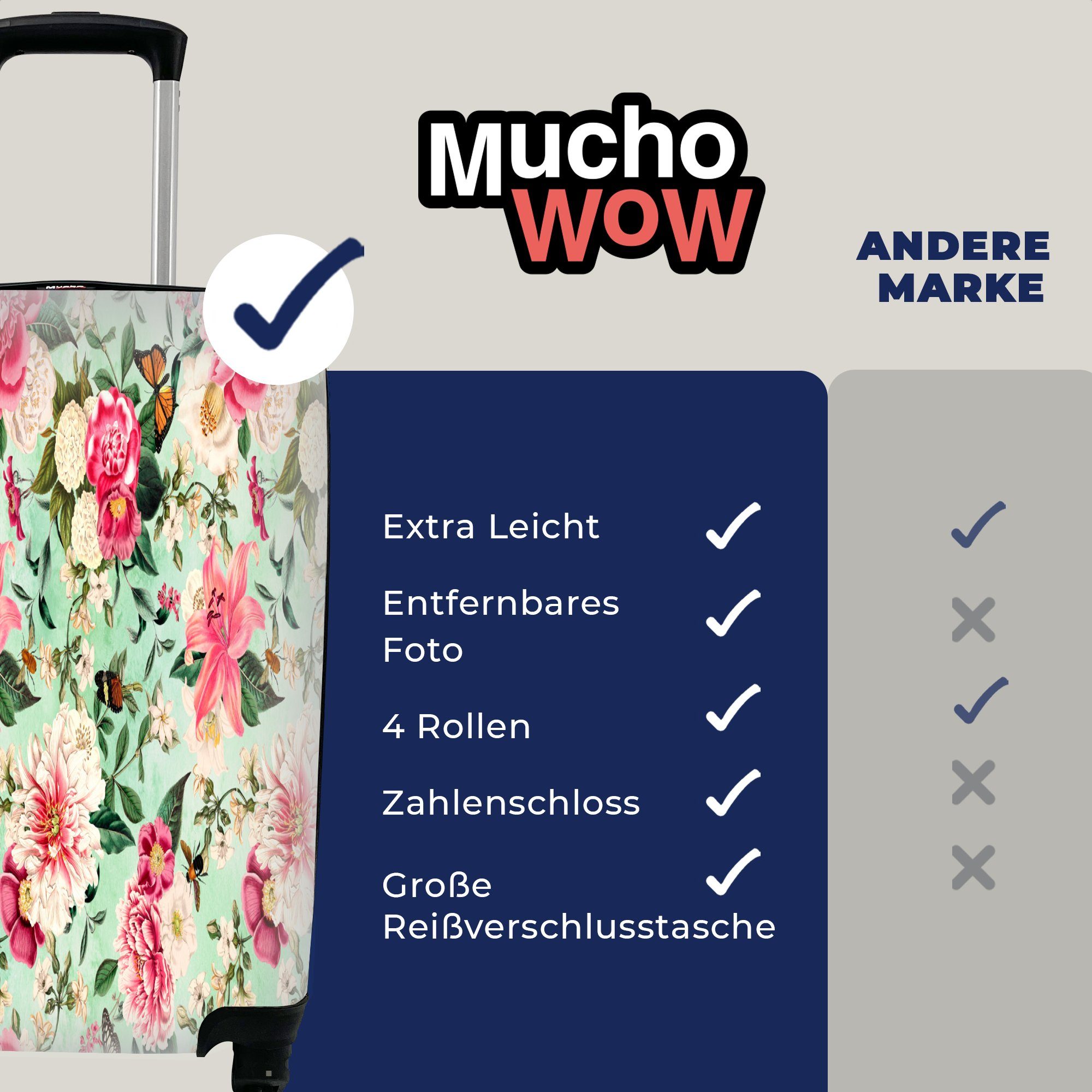 MuchoWow Handgepäckkoffer Blumen - - mit Schmetterling, Reisetasche für Reisekoffer Ferien, Trolley, - Handgepäck Rollen, Lilie rollen, Rosa 4