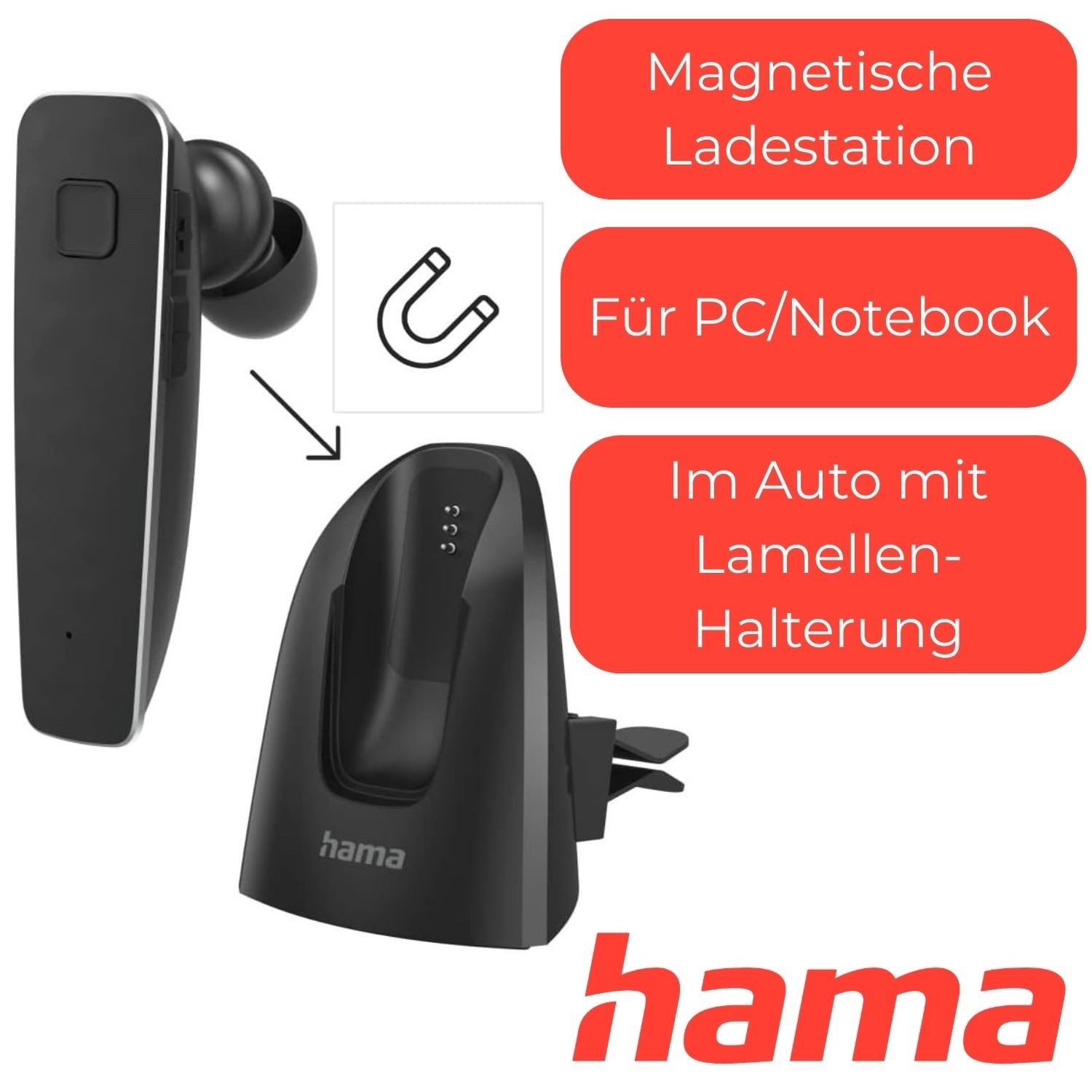 Hama Bluetooth Headset MyVoice 2100 mit Docking-Station Smartphone-Headset (Sprach-Steuerung, Anruffunktion, Bluetooth, Mikrofon, Docking-Station, Google, Siri, Bluetooth 5.0, Mono Kopfhörer Einohr Docking Mikrofon Auto Halterung PC Notebook)