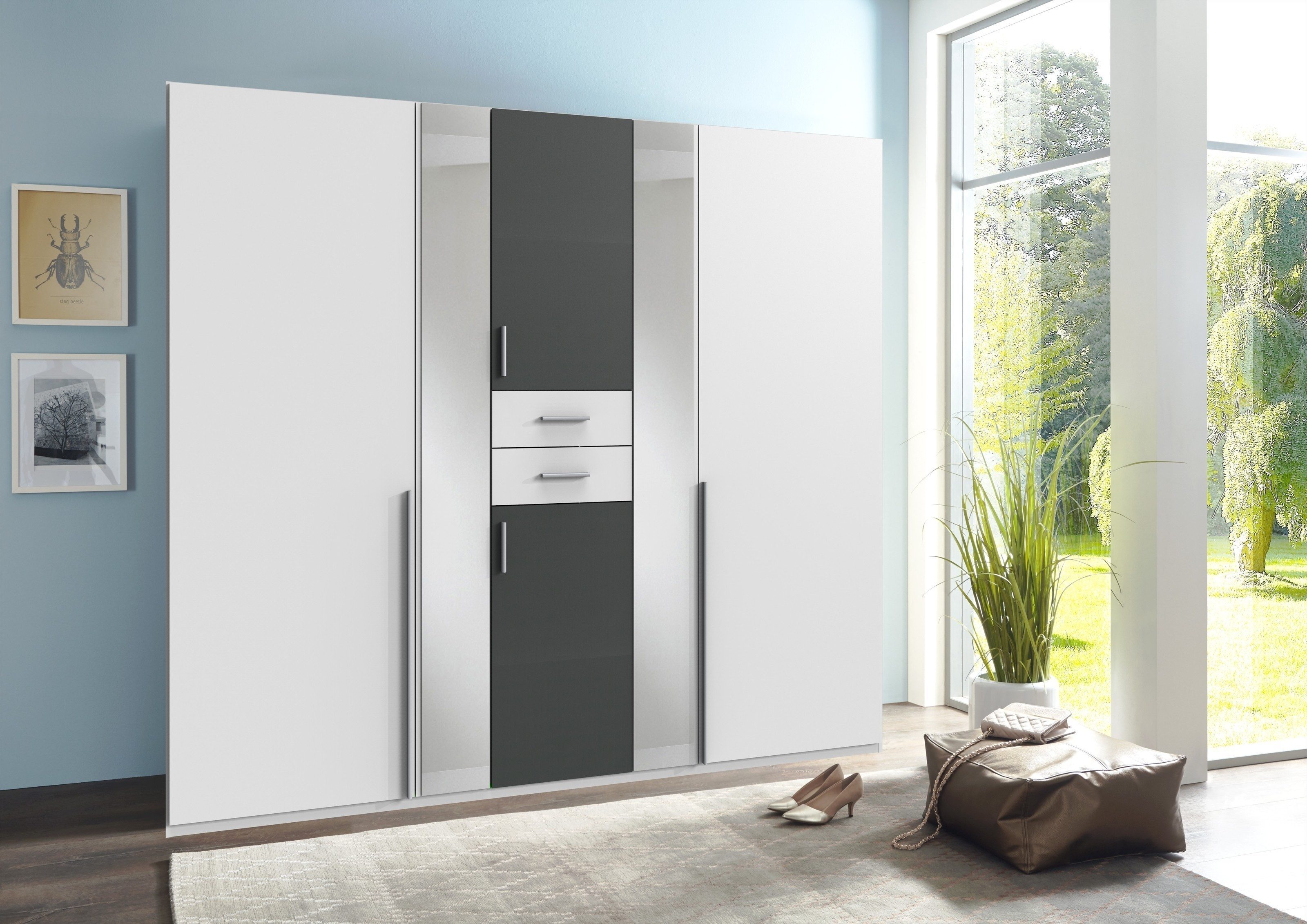 Wimex Kleiderschrank in WEISS + GRAPHIT mit 6 Türen und 4 Einlegeböden (BxHxT: 225x210x58 cm)