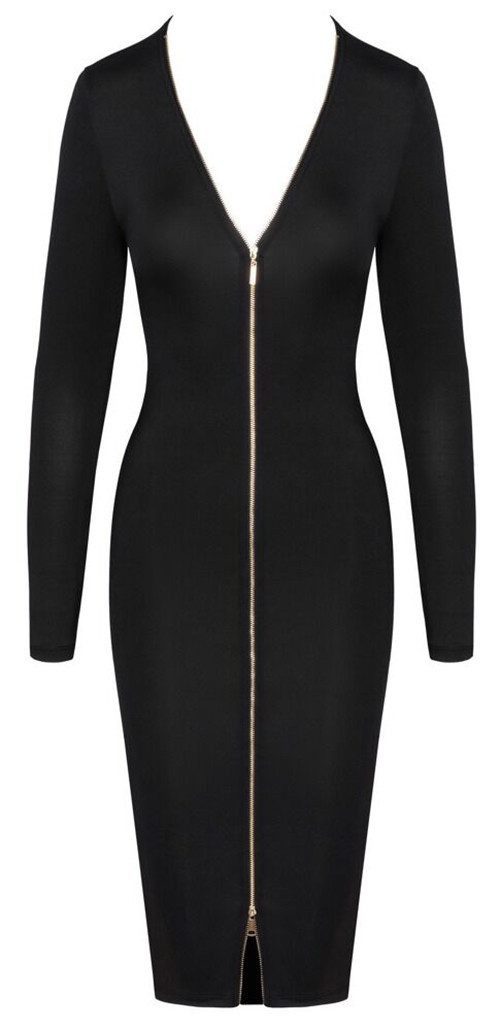 Minikleid Langarm-Kleid mit Reißverschluss - schwarz